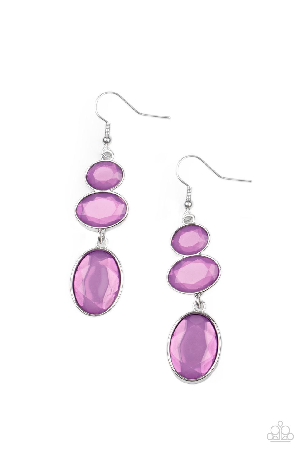 Tiers Of Tranquility Purple Earring - Paparazzi Accessories Gradually increasing in size, dewy Amethyst Orchid oval gems trickle from the ear, linking into an ethereal lure. Earring attaches to a standard fishhook fitting. All Paparazzi Accessories are lead free and nickel free! Sold as one pair of earrings.