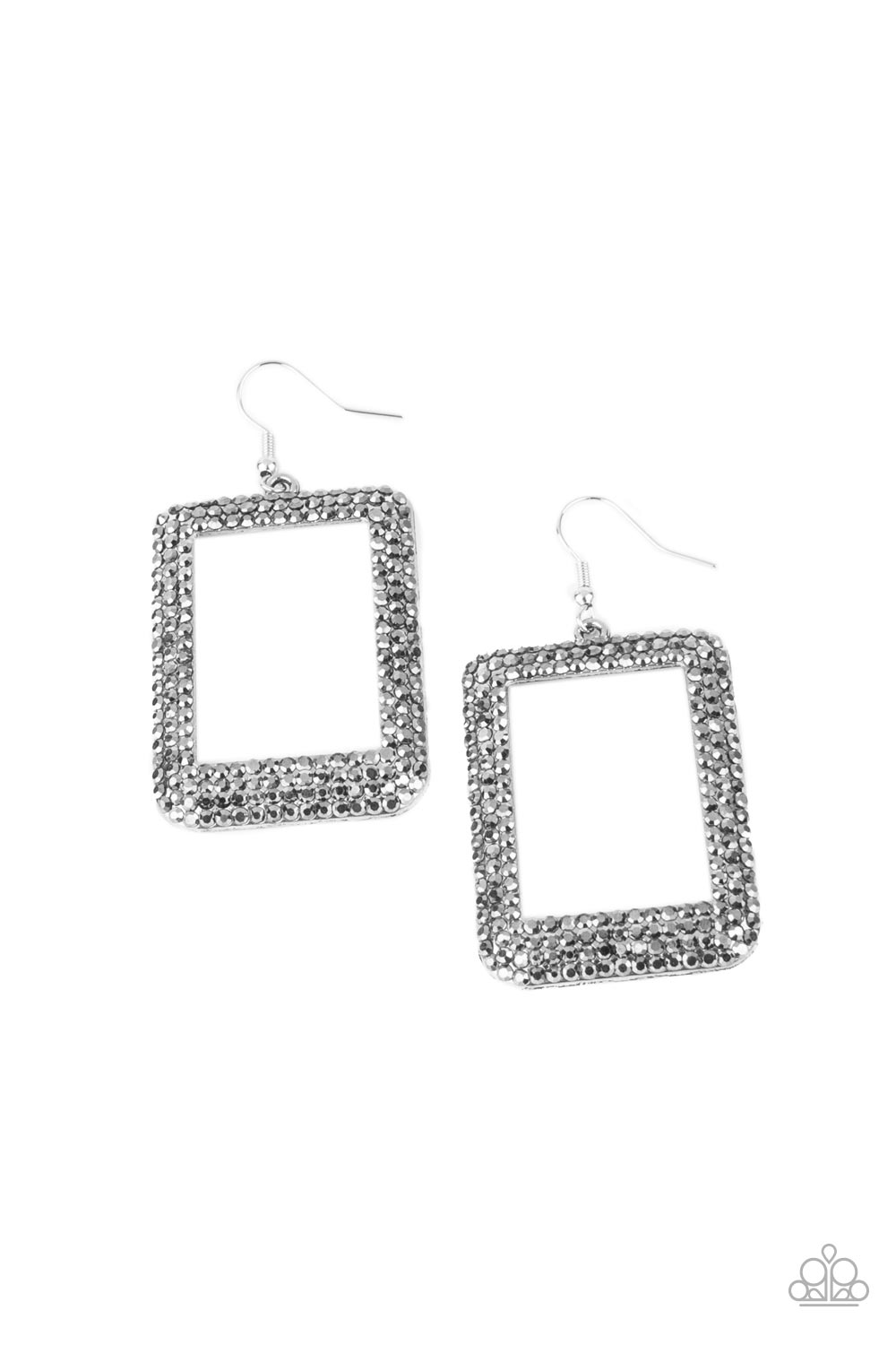 World FRAME-ous Silver Earring - Paparazzi Accessories Bordered in rows of smoky hematite rhinestones, an oversized silver rectangular frame swings from the ear for a fashionable finish. Earring attaches to a standard fishhook fitting. All Paparazzi Accessories are lead free and nickel free! Sold as one pair of earrings.