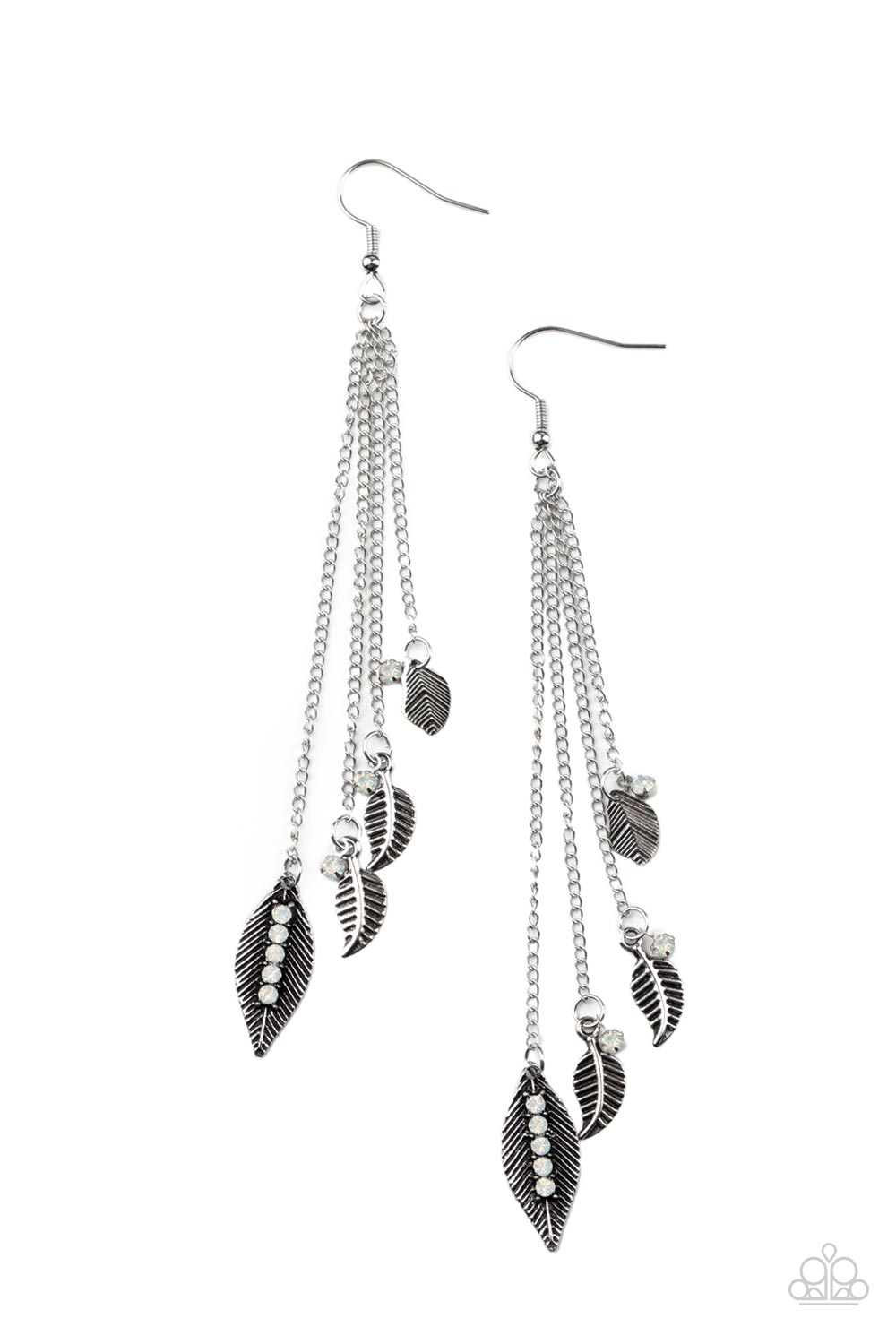 Chiming Leaflets White Earring - Paparazzi Accessories A collection of textured antiqued silver leaflets accented with dewdrop opal rhinestones, swing from delicate silver chains creating a tranquil chime as it falls from the ear. Earring attaches to a standard fishhook fitting. All Paparazzi Accessories are lead free and nickel free! Sold as one pair of earrings.