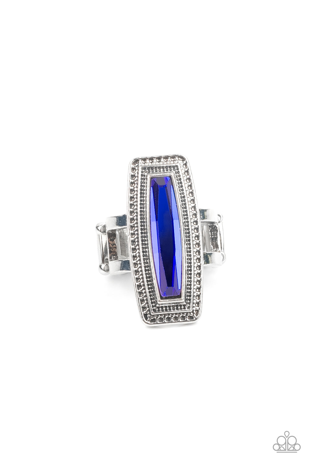Luminary Luster Blue Ring - Paparazzi Accessories An elongated UV gem is pressed into the center of a studded silver frame atop layered silver bands, creating a stellar centerpiece atop the finger. Features a stretchy band for a flexible fit. Sold as one individual ring.