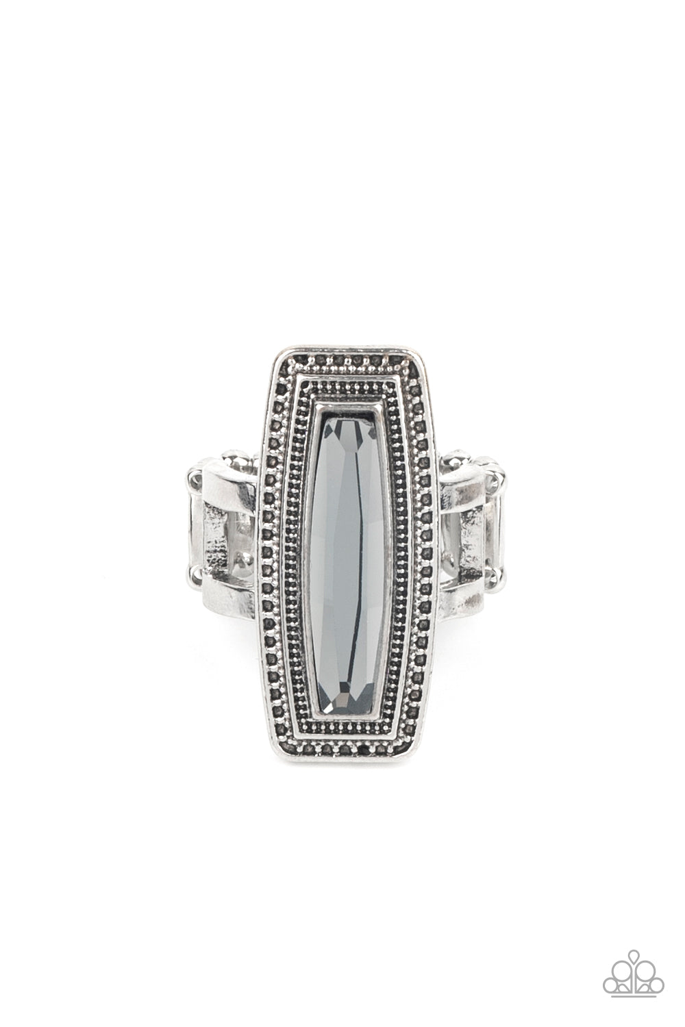 Luminary Luster Silver Ring - Paparazzi Accessories An elongated smoky gem is pressed into the center of a studded silver frame atop layered silver bands, creating a stellar centerpiece atop the finger. Features a stretchy band for a flexible fit. Sold as one individual ring.