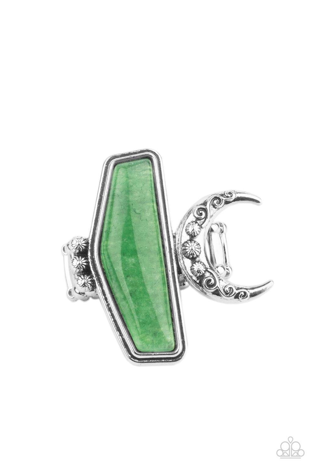Cosmic Karma Green Ring - Paparazzi Accessories Encased in a raised silver fitting, a geometric jade stone is flank by a decorative row of silver studs and an ornate half moon frame for a seasonal statement. The oversized frame is attentional, creating the illusion of multiple rings. Features a stretchy band for a flexible fit. All Paparazzi Accessories are lead free and nickel free! Sold as one individual ring.