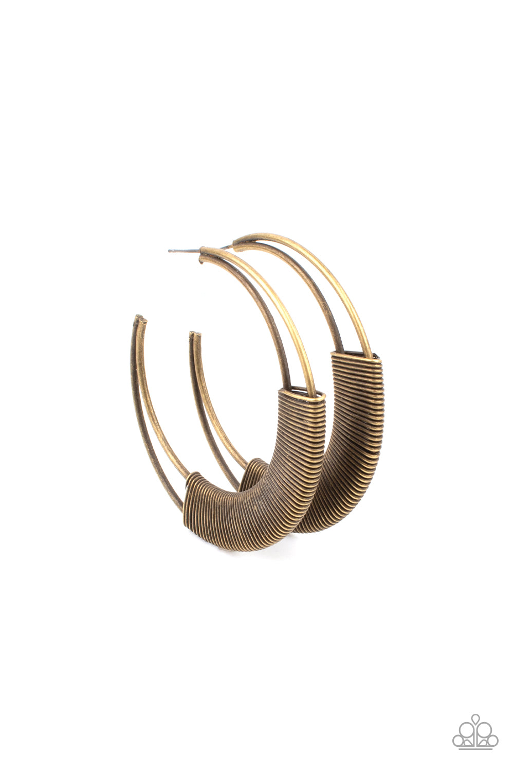 Artisan Attitude Brass Earring - Paparazzi Accessories Gritty brass wire delicately wraps around the bottoms of two curving bars that coalesce into an antiqued crescent, creating a rustic hoop. Earring attaches to a standard post fitting. Hoop measures approximately 2 1/2" in diameter. Sold as one pair of hoop earrings.