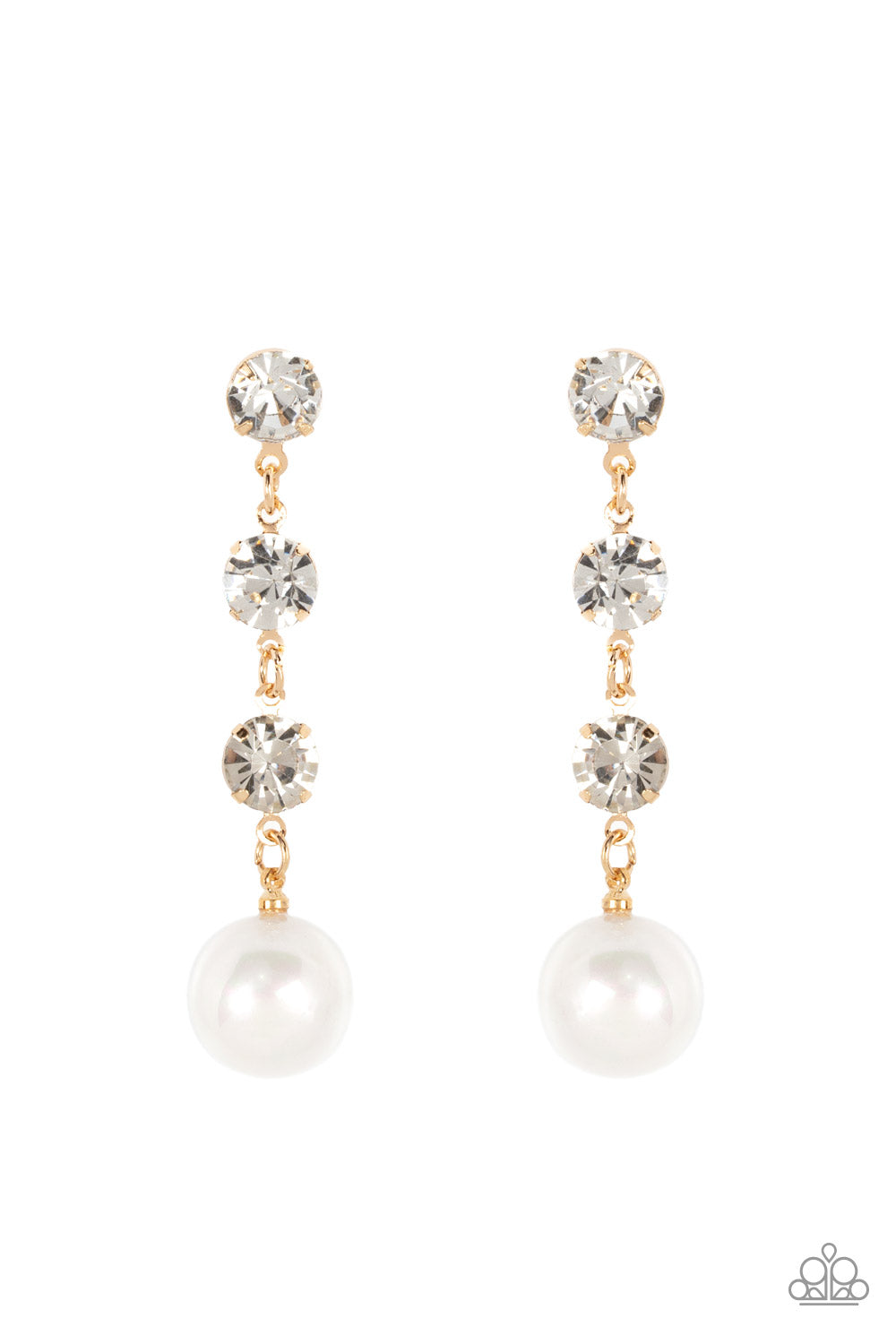 Yacht Scene Gold Earring - Paparazzi Accessories Encased in sleek gold fittings, a trio of classic white rhinestones give way to an oversized iridescent pearl, creating an elegantly extended chandelier. Earring attaches to a standard post fitting. Sold as one pair of post earrings.