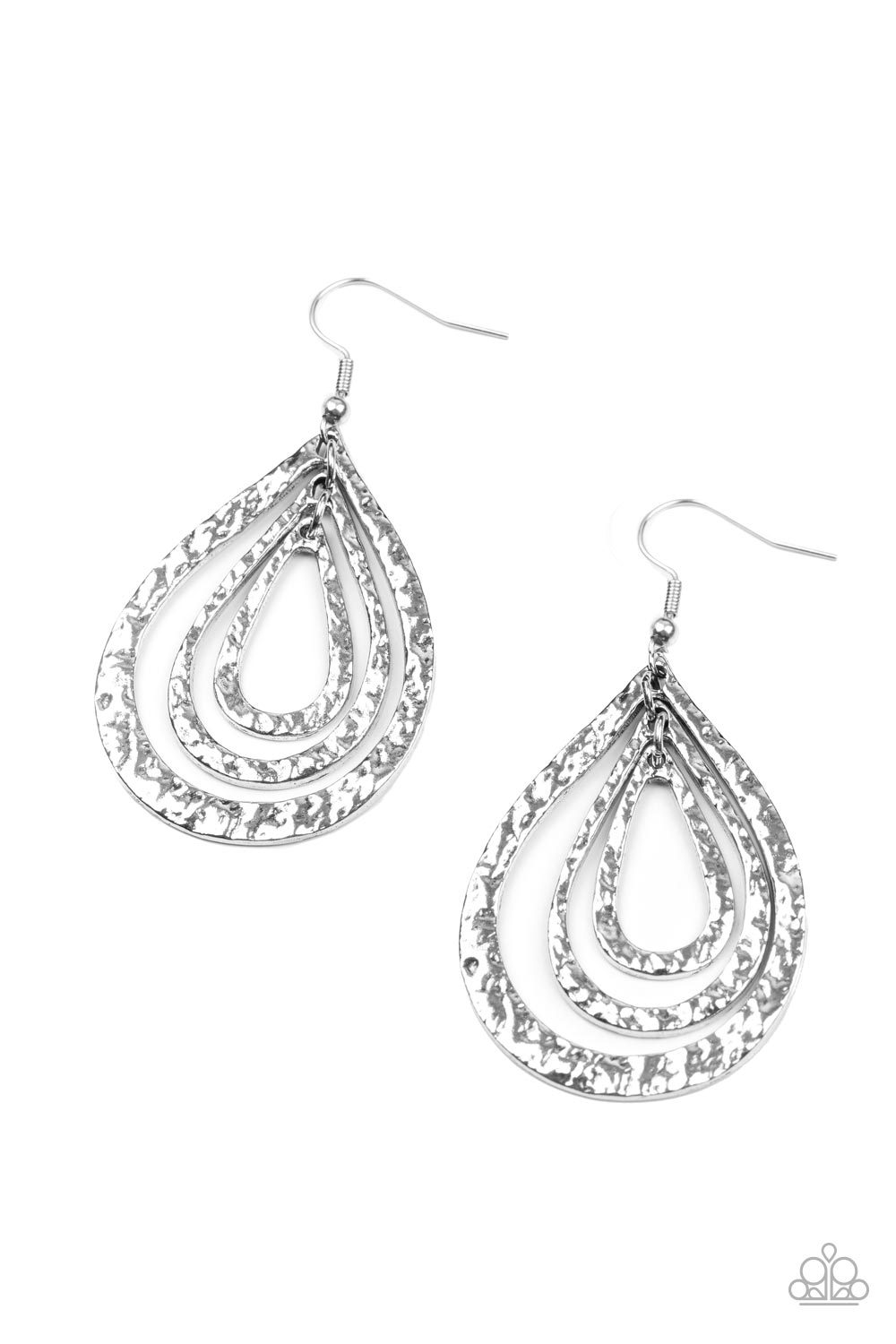 Plains Pathfinder - Silver Item #P5BA-SVXX-123XX Hammered in a rustic finish, three distressed silver teardrops delicately link into a gritty lure for a seasonal look. Earring attaches to a standard fishhook fitting. Sold as one pair of earrings.