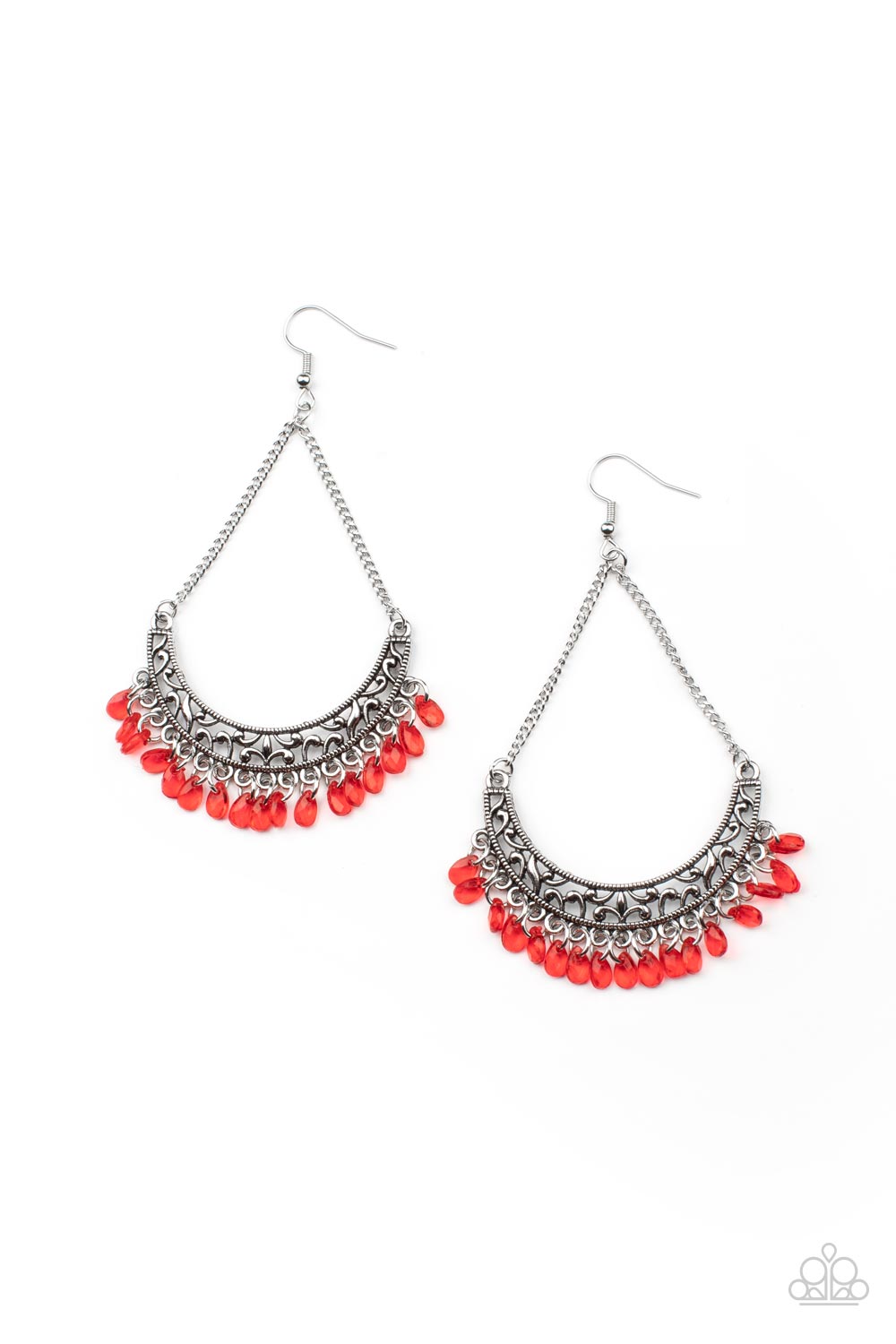 Orchard Odyssey Red Earring - Paparazzi Accessories Item #P5ST-RDXX-017XX Suspended by two silver chains, a half moon silver frame filled with vine-like filigree gives way to a dainty fringe of glassy red teardrop beads for an enchanting fashion. Earring attaches to a standard fishhook fitting. Sold as one pair of earrings.