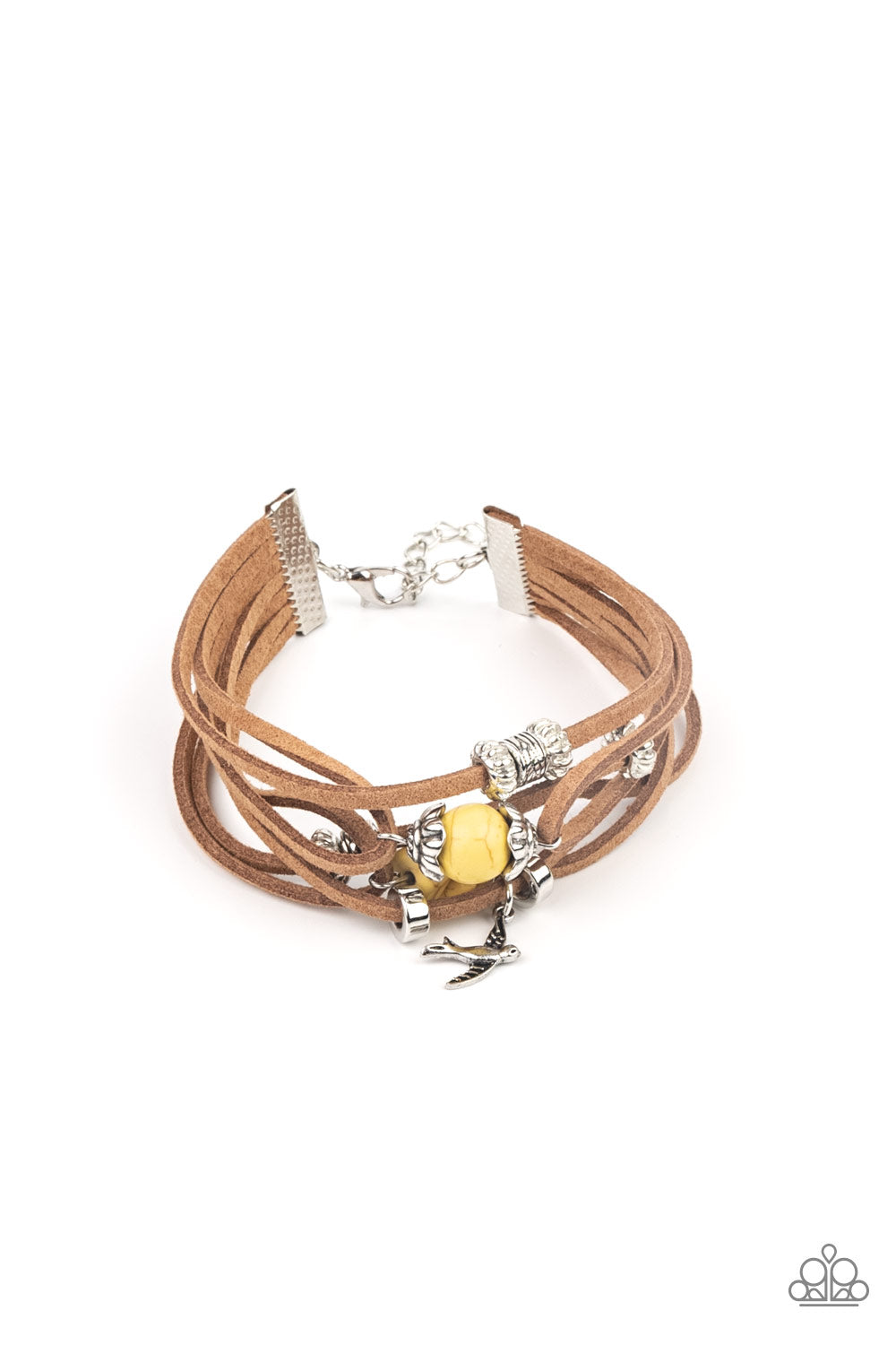 Canyon Flight Yellow Urban Bracelet - Paparazzi Accessories Infused with a dainty silver bird charm, dainty strands of brown suede are adorned in mismatched silver accents and yellow stones for an earthy layered look. Features an adjustable clasp closure. All Paparazzi Accessories are lead free and nickel free! Sold as one individual bracelet.