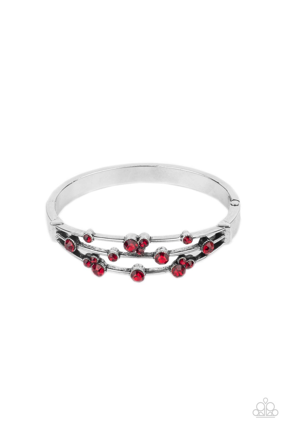 Cosmic Candescence Red Bracelet - Paparazzi Accessories A smattering of fiery red rhinestones adorn three silver bars that coalesce into a versatile silver cuff-like bangle around the wrist. Features a hinged closure. All Paparazzi Accessories are lead free and nickel free! Sold as one individual bracelet.