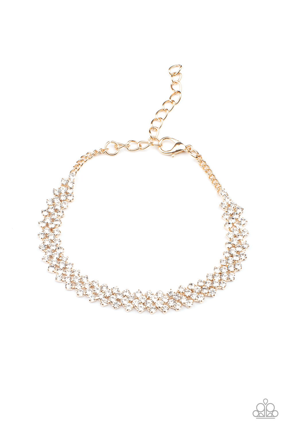 Chicly Candescent Gold Bracelet - Paparazzi Accessories Featuring sleek gold fittings, dainty rows of glassy white rhinestones delicately slant across the wrist, coalescing into a timeless centerpiece. Features an adjustable clasp closure. All Paparazzi Accessories are lead free and nickel free! Sold as one individual bracelet.
