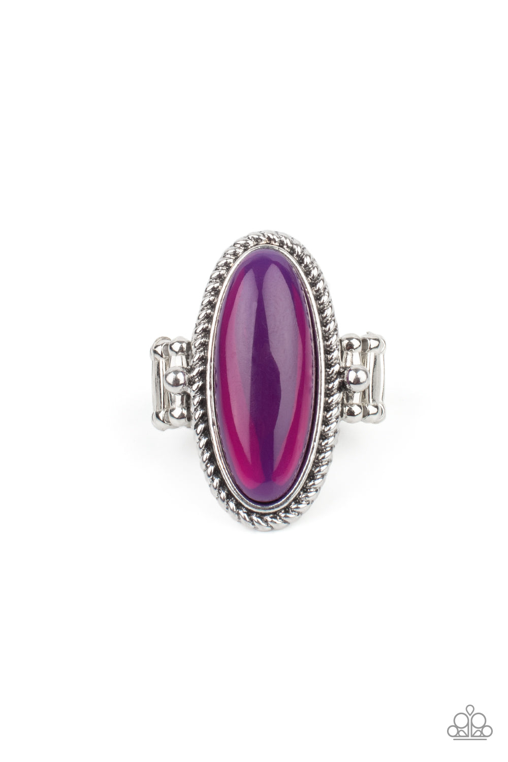 Oval Oasis Purple Ring - Paparazzi Accessories Featuring a glassy iridescence, an oval purple acrylic bead is pressed into the center of textured silver fittings, creating a mystical centerpiece atop the finger. Features a dainty stretchy band for a flexible fit. Sold as one individual ring.
