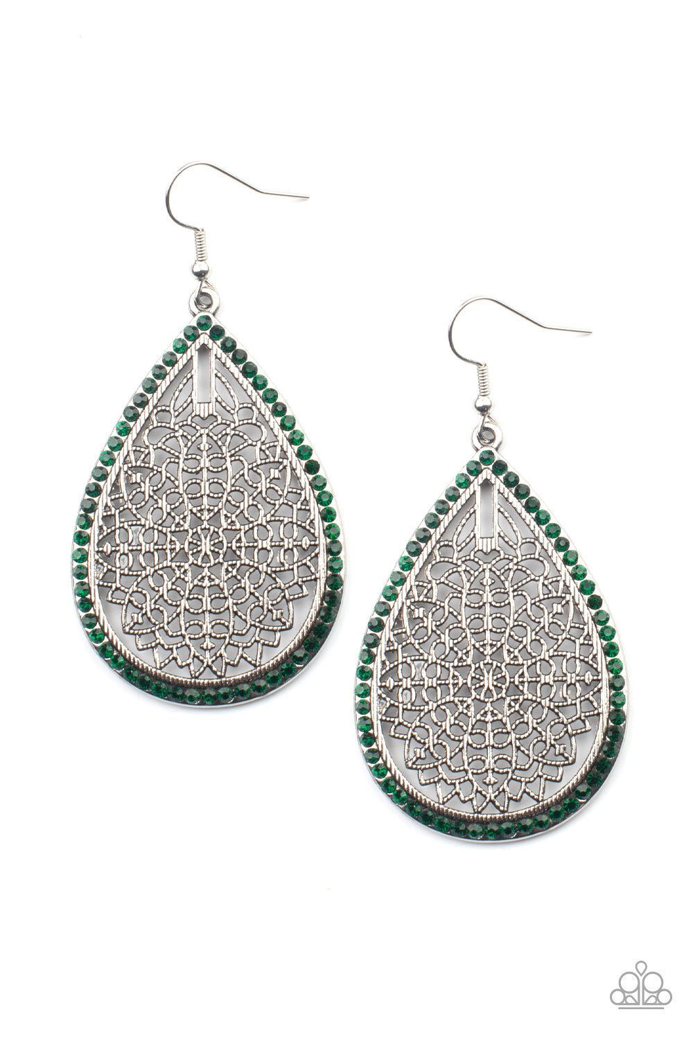 Fleur de Fantasy Green Earring - Paparazzi Accessories Bordered in dainty green rhinestones, the center of an oversized silver teardrop is filled with an airy floral pattern for a seasonal flair. Earring attaches to a standard fishhook fitting. All Paparazzi Accessories are lead free and nickel free! Sold as one pair of earrings.
