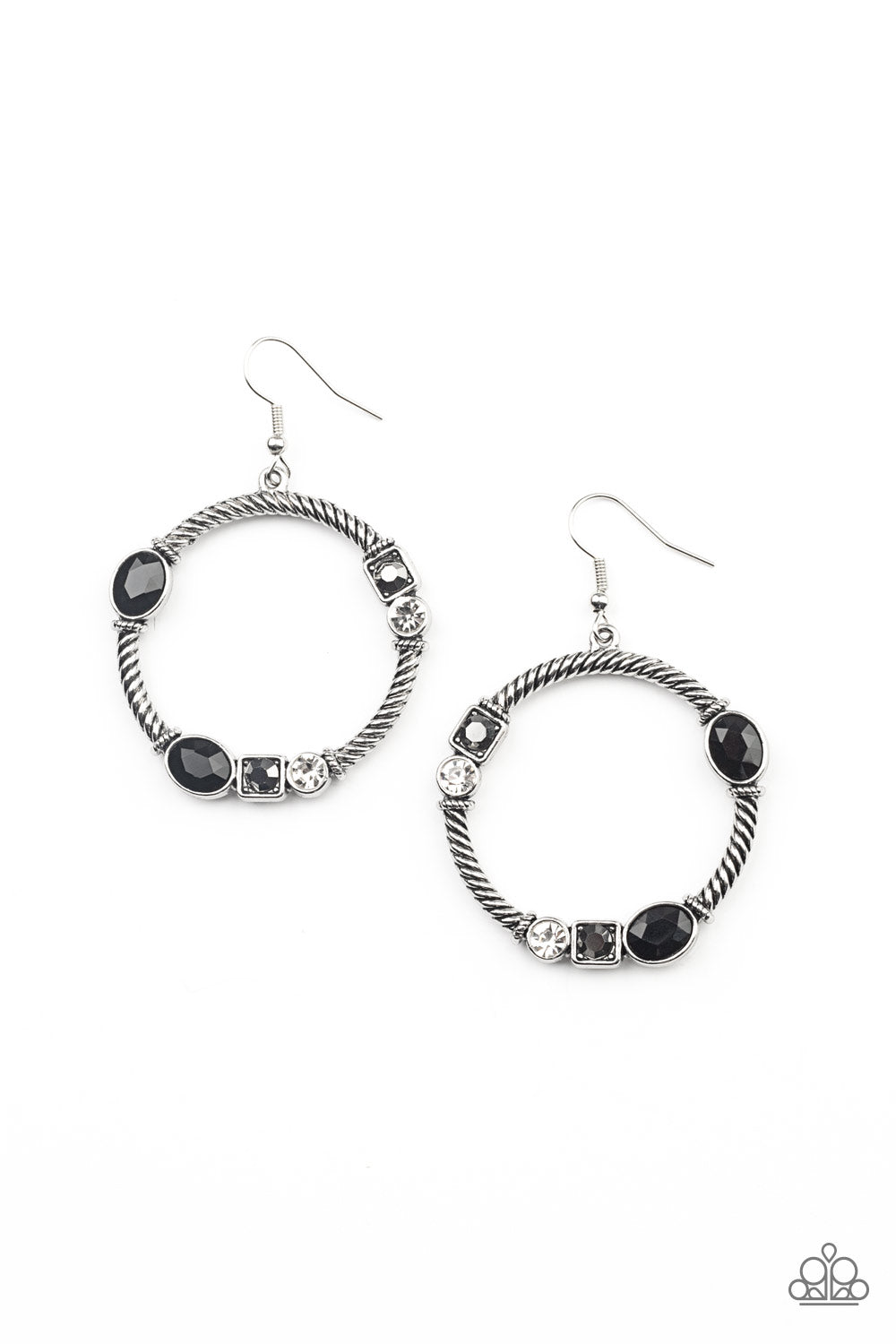 Glamorous Garland Multi Earring - Paparazzi Accessories. A glittery collection of black oval, square hematite, and classic white rhinestones haphazardly adorn the front of a textured silver hoop, for a gritty-glamorous look. Earring attaches to standard fishhook fittings. All Paparazzi Accessories are lead free and nickel free! Sold as one pair of earrings.