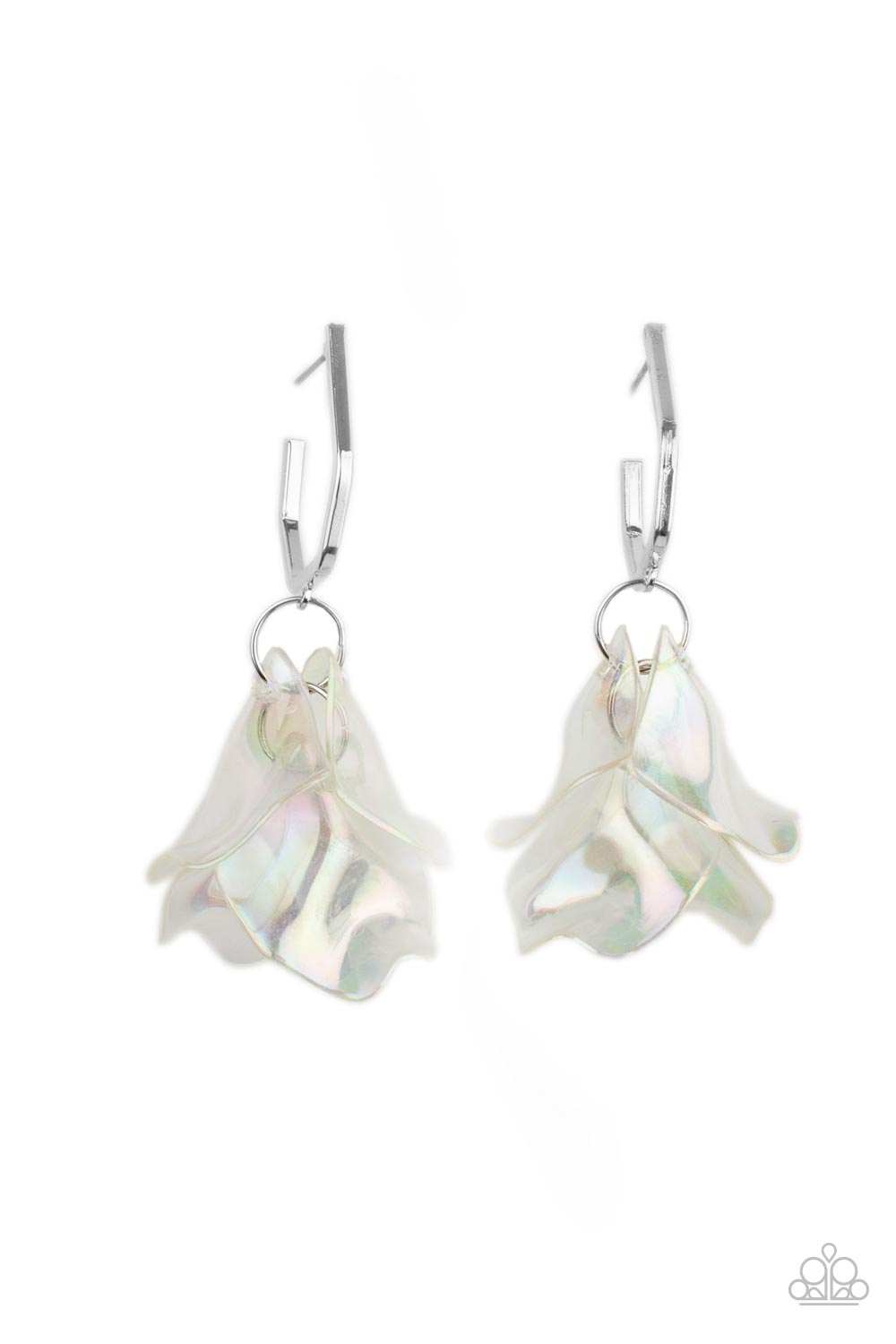 Jaw-Droppingly Jelly Silver Earring - Paparazzi Accessories A cluster of iridescent acrylic petals swing from the bottom of a dainty silver geometric hoop, creating an ethereal edge. Earring attaches to a standard post fitting. Hoop measures approximately 1" in diameter. Sold as one pair of hoop earrings.