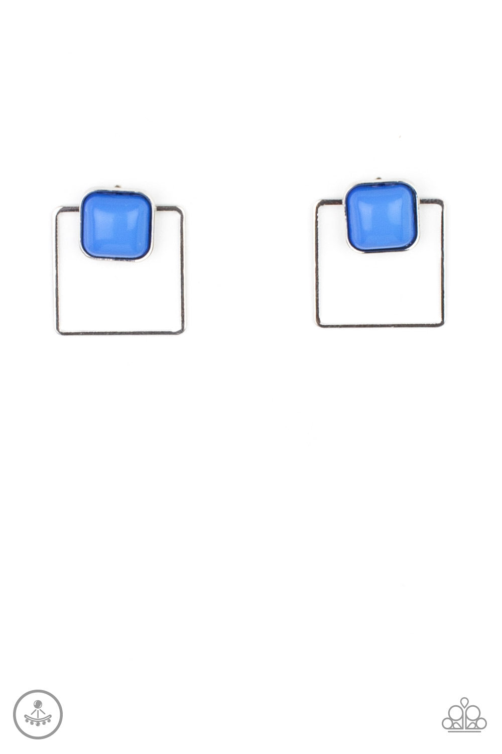 FLAIR and Square Blue Jacket Earring - Paparazzi Accessories A bubbly French Blue square bead attaches to a double-sided post, while an airy silver square frame peeks out beneath the ear for a bold look. Earring attaches to a standard post fitting. All Paparazzi Accessories are lead free and nickel free! Sold as one pair of post earrings.