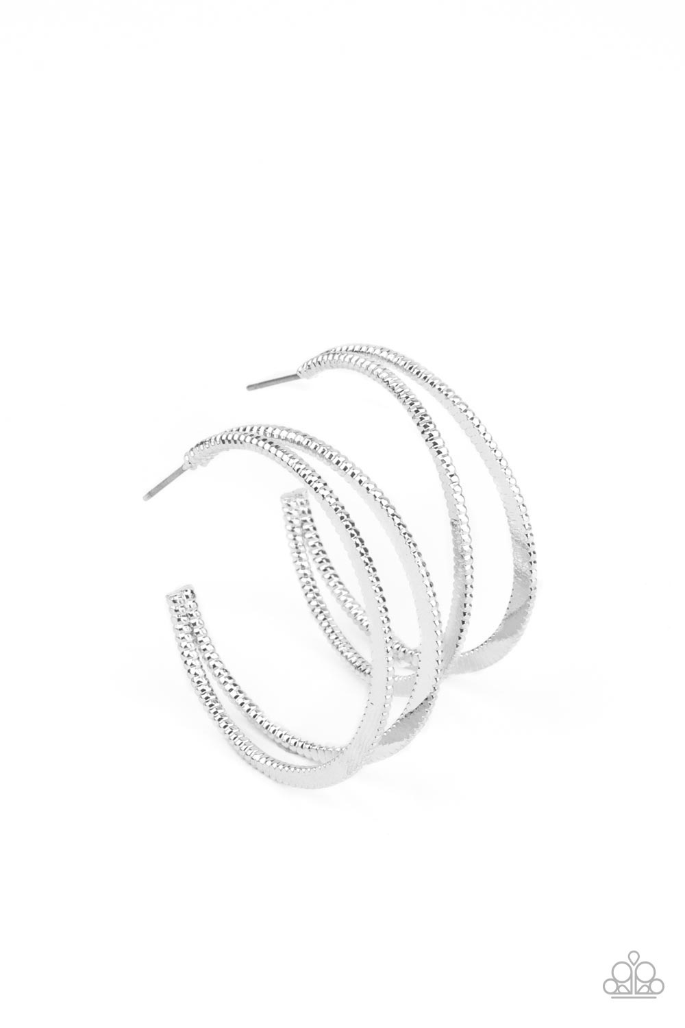 Rustic Curves Silver Hoop Earring - Paparazzi Accessories Featuring textured edges, two silver crescent frames delicately curve into bold double hoops for an edgy urban look. Earring attaches to a standard post fitting. Hoop measures approximately 1 1/2" in diameter. Sold as one pair of hoop earrings.