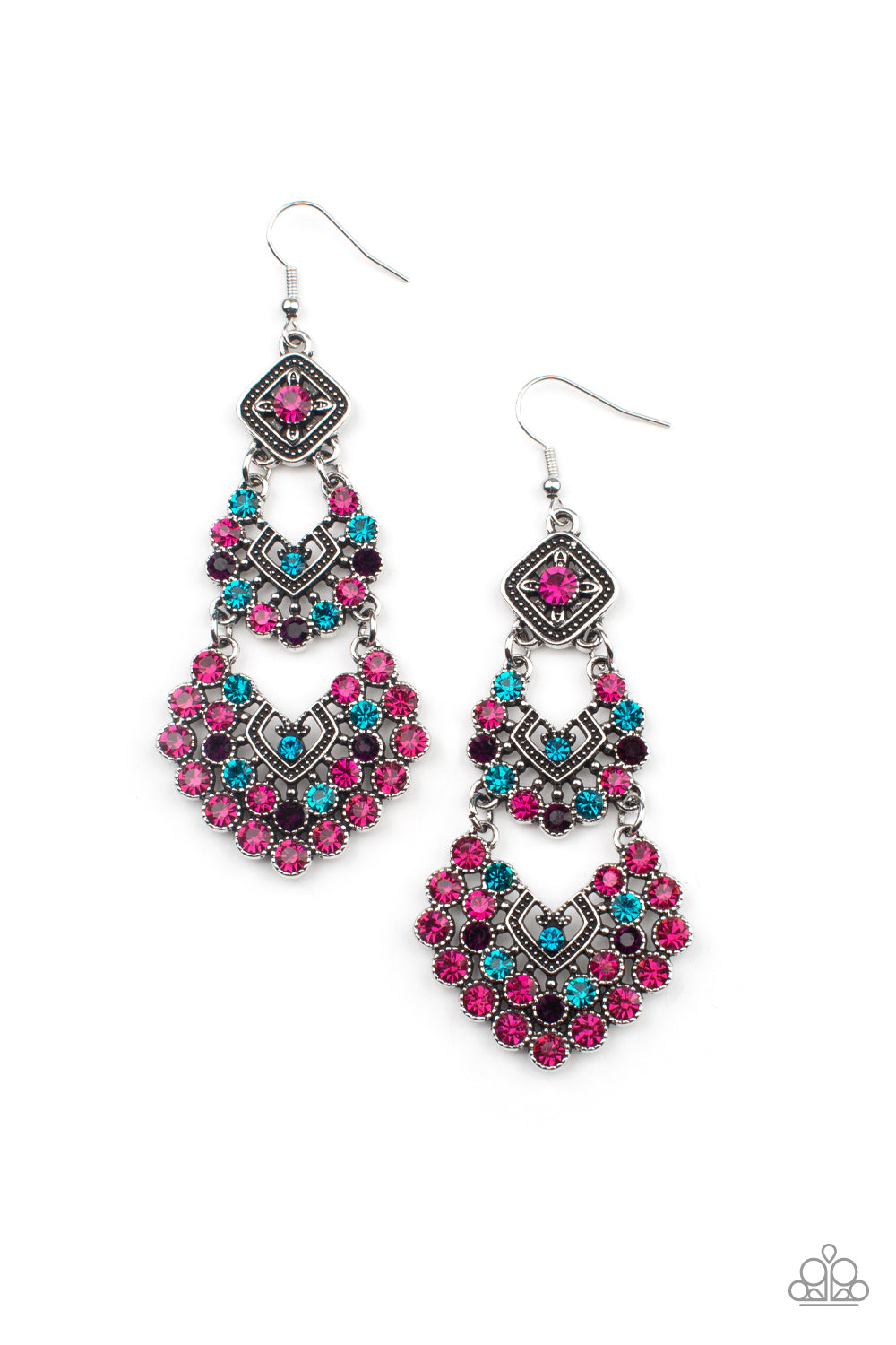 All For The GLAM Multi Earring - Paparazzi Accessories A glittery explosion of multicolored rhinestones coalesce into three sparkly frames that delicately link into a studded chandelier, creating a dramatic statement piece. Earring attaches to a standard fishhook fitting. Sold as one pair of earrings.