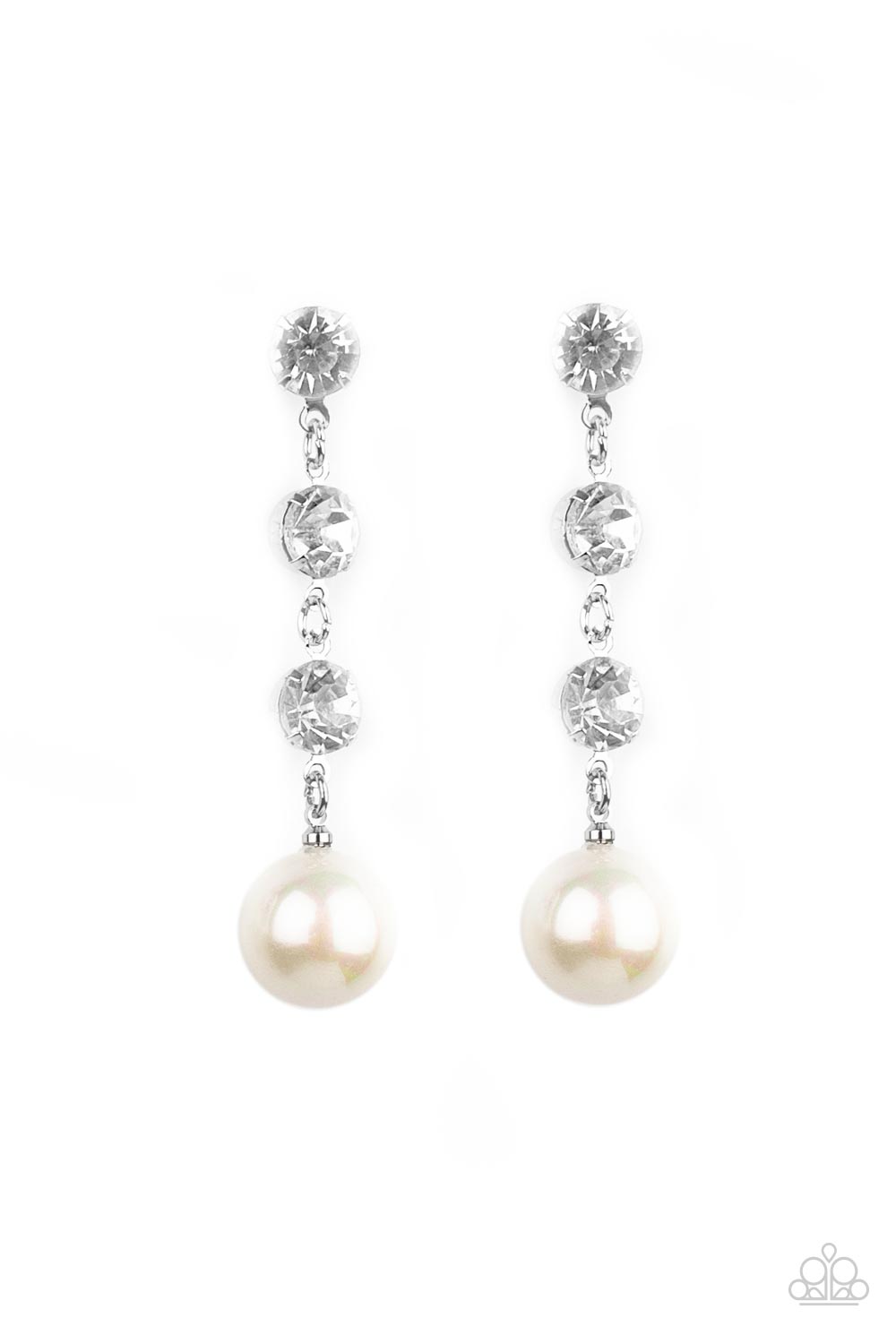 Yacht Scene White Pearl Earring - Paparazzi Accessories Encased in sleek silver fittings, a trio of classic white rhinestones give way to an oversized iridescent pearl, creating an elegantly extended chandelier. Earring attaches to a standard post fitting. All Paparazzi Accessories are lead free and nickel free! Sold as one pair of post earrings.