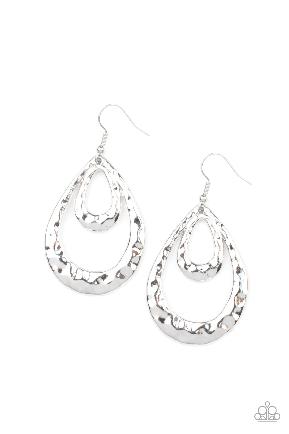 Museum Muse Silver Earring - Paparazzi Accessories. Hammered silver teardrops join into an edgy layered lure, creating an intense industrial display. Earring attaches to a standard fishhook fitting. All Paparazzi Accessories are lead free and nickel free! Sold as one pair of earrings.