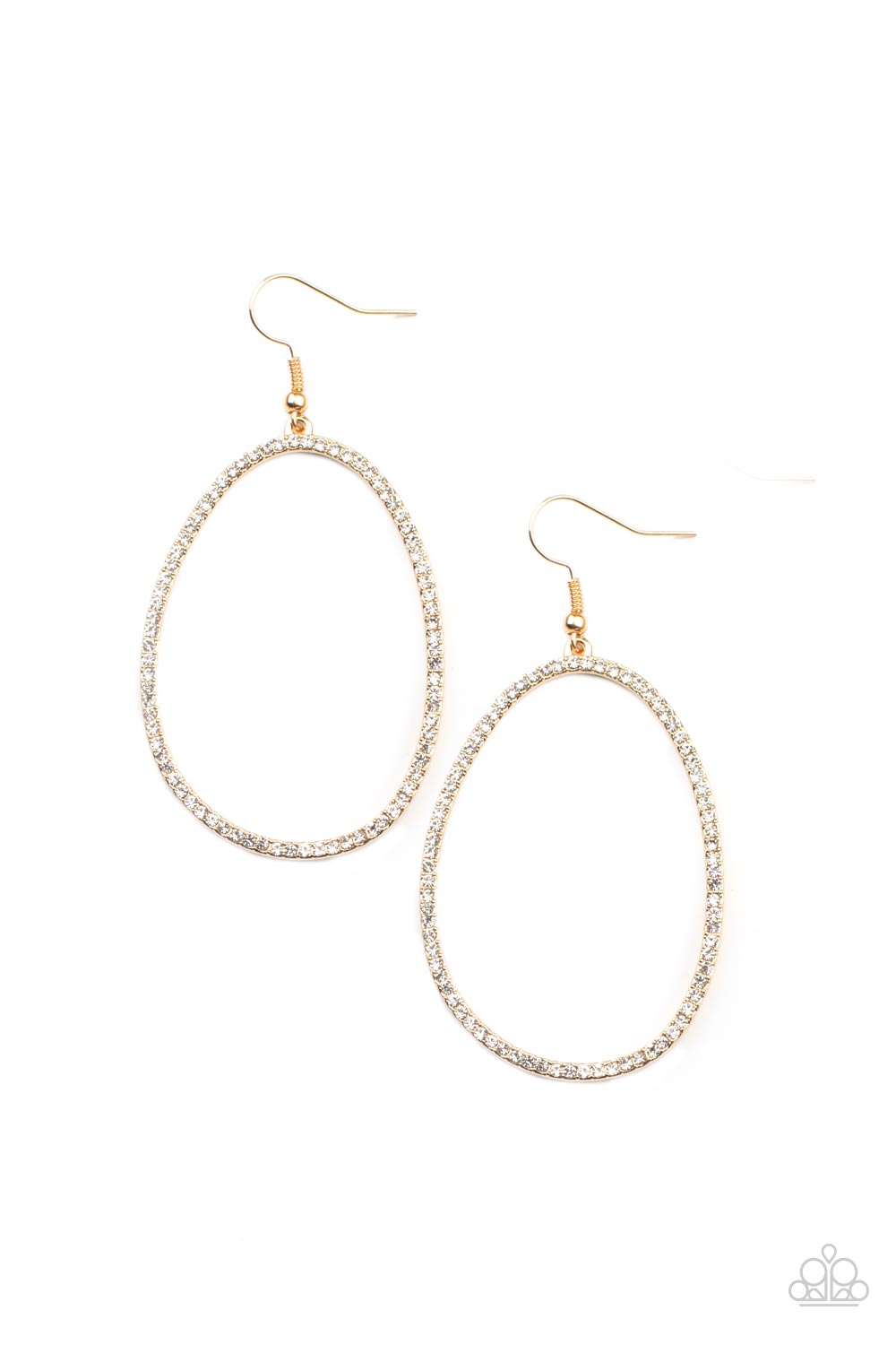 OVAL-ruled! Gold Earring - Paparazzi Accessories Dotted in dainty white rhinestones, an asymmetrical oval gold frame swings from the ear for a sassy look. Earring attaches to a standard fishhook fitting. All Paparazzi Accessories are lead free and nickel free! Sold as one pair of earrings.