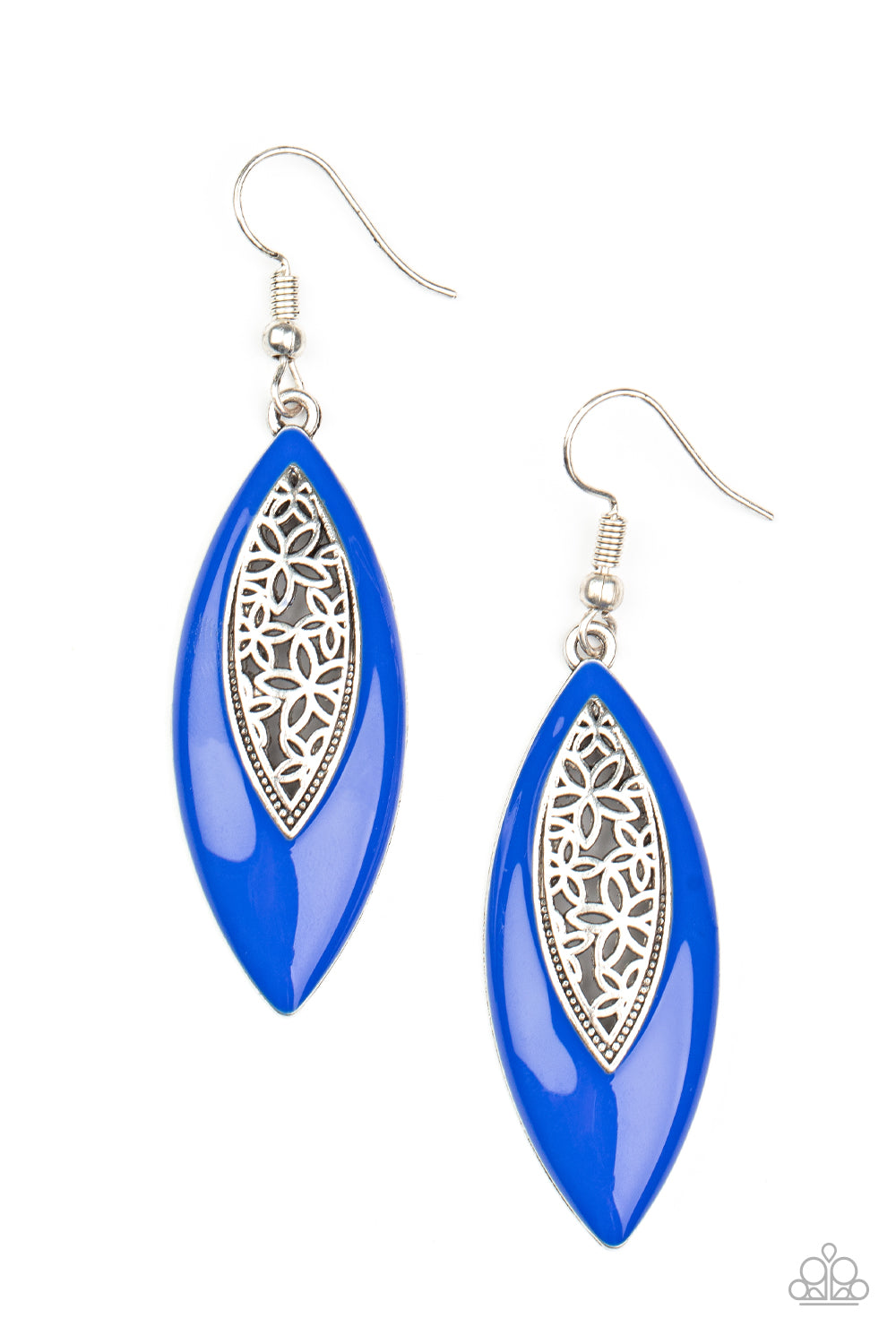 Venetian Vanity Blue Earring - Paparazzi Accessories Asymmetrically bordered in a bright Mykonos Blue frame, airy silver filigree blooms along the center of a colorful lure for a seasonal flair. Earring attaches to a standard fishhook fitting. All Paparazzi Accessories are lead free and nickel free! Sold as one pair of earrings.