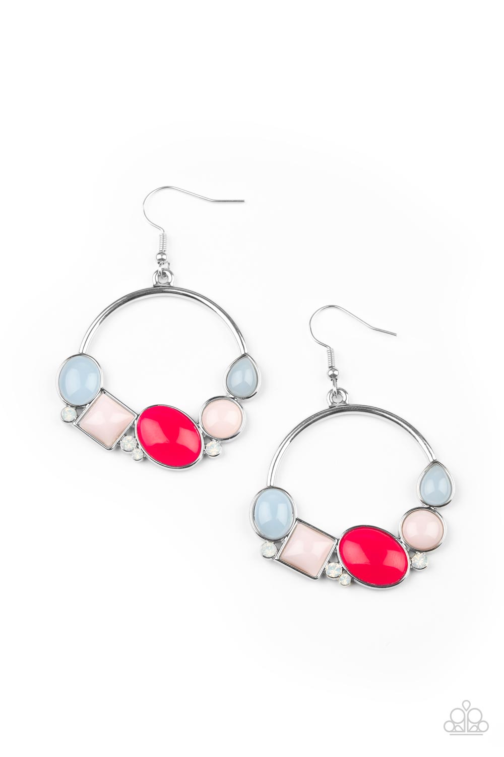 Beautifully Bubblicious Multi Earring - Paparazzi Accessories Dainty opalescent white rhinestones are sprinkled between mismatched dewy Cerulean, pink, and Raspberry Sorbet beads along the bottom of a silver hoop, creating a bubbly pop of color. Earring attaches to a standard fishhook fitting. All Paparazzi Accessories are lead free and nickel free! Sold as one pair of earrings.