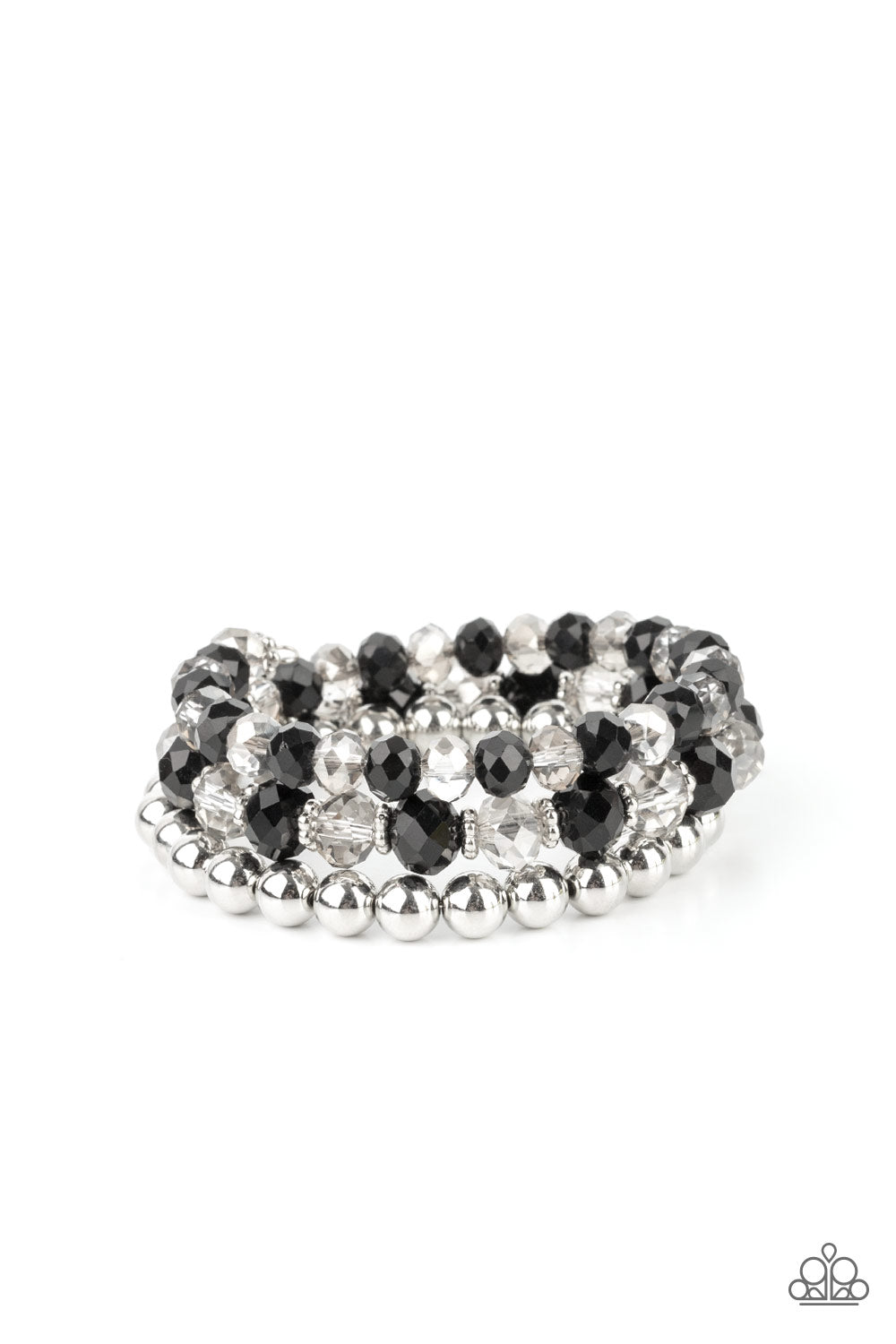 Gimme Gimme Black Bracelet - Paparazzi Accessories Sections of shiny silver beads and an alternating pattern of smoky and glittery black rhinestone gems gradually increase in size along a coiled wire, creating a jaw-dropping infinity wrap bracelet around the wrist. All Paparazzi Accessories are lead free and nickel free! Sold as one individual bracelet.