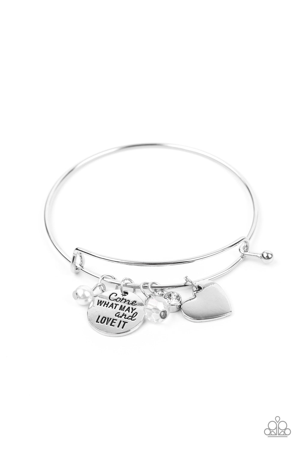 Come What May and Love It White Bracelet - Paparazzi Accessories Infused with a shiny silver heart frame, a dainty silver disc stamped in the phrase, "Come what may and love it," joins pearl, crystal, and rhinestone charms along a bangle-like bracelet for a whimsy look. Features a toggle closure. All Paparazzi Accessories are lead free and nickel free! Sold as one individual bracelet.