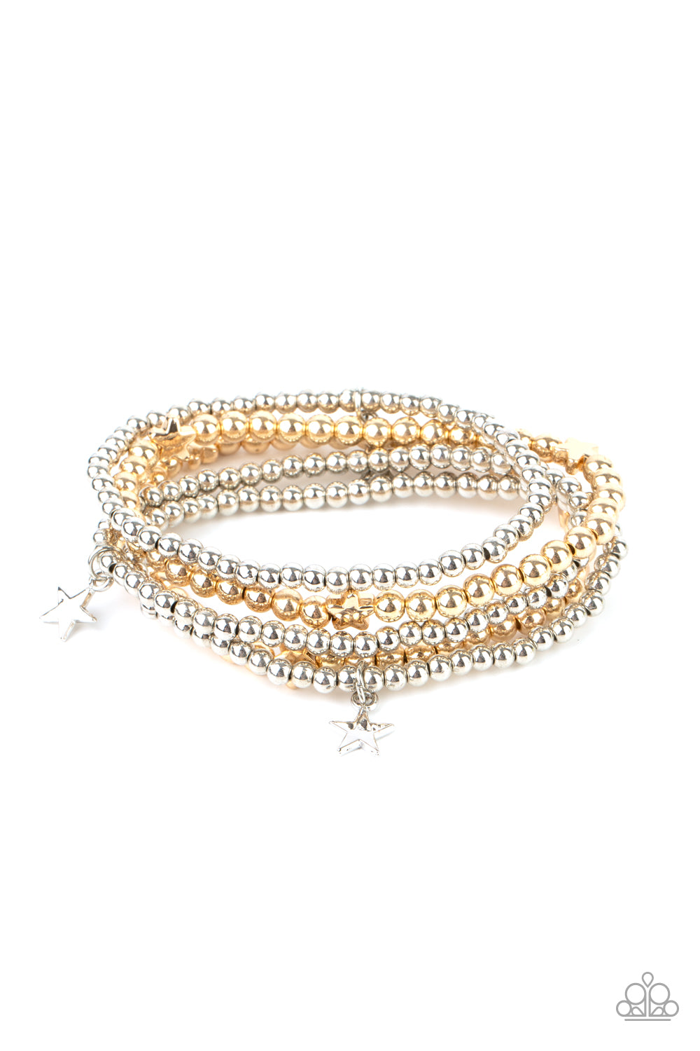 American All-Star Multi Bracelet - Paparazzi Accessories Infused with dainty gold star beads and shiny silver star charms, strands of gold and silver beaded stretchy bands stack across the wrist, creating a patriotic shimmer. All Paparazzi Accessories are lead free and nickel free! Sold as one set of five bracelets.