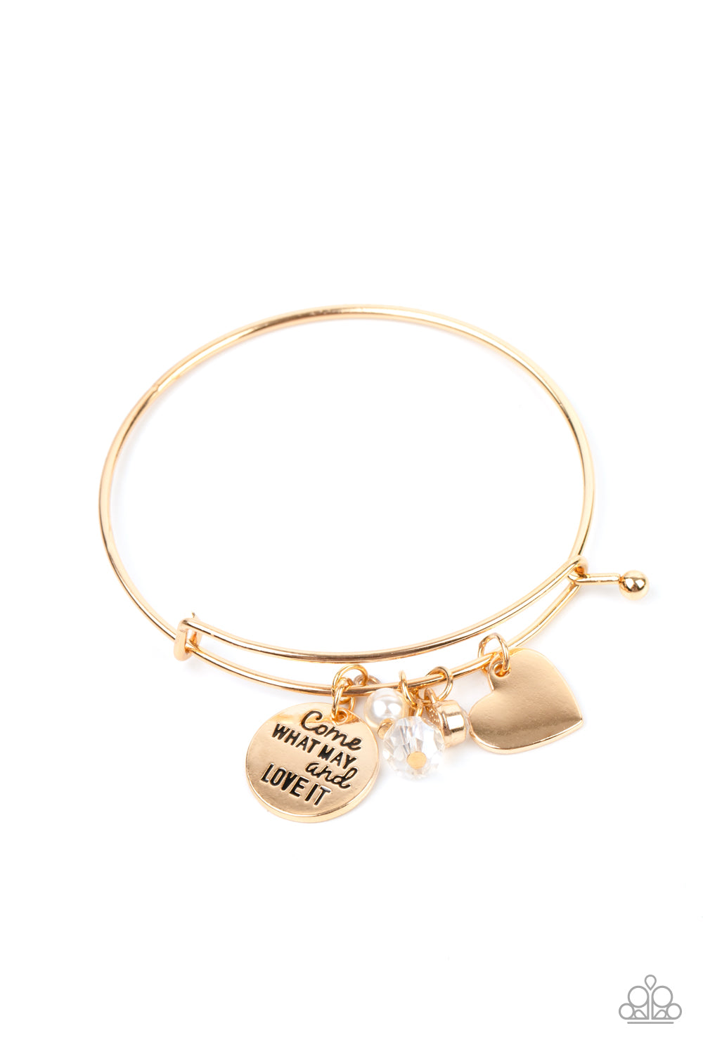 Come What May and Love It Gold Bracelet - Paparazzi Accessories Infused with a shiny gold heart frame, a dainty gold disc stamped in the phrase, "Come what may and love it," joins pearl, crystal, and rhinestone charms along a bangle-like bracelet for a whimsy look. Features a toggle closure. All Paparazzi Accessories are lead free and nickel free! Sold as one individual bracelet.