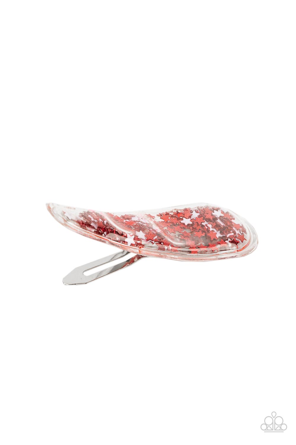 Oh, My Stars and Stripes Red Hair Clip - Paparazzi Accessories A stellar collection of shimmery red and white stars sparkle back and forth inside a clear plastic frame, creating an eye-catching twinkle. Features a standard snap hair clip on the back. Sold as one individual hair clip.