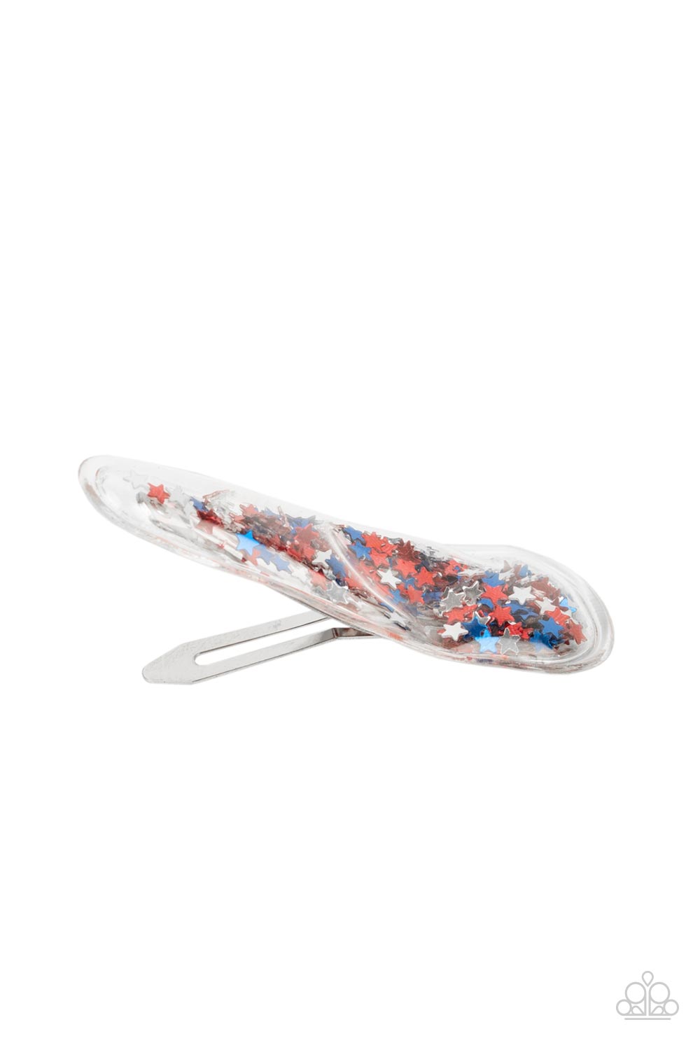 Oh, My Stars and Stripes Multi Hair Clip - Paparazzi Accessories. A stellar collection of shimmery red, silver, and blue stars sparkle back and forth inside a clear plastic frame, creating an eye-catching twinkle. Features a standard snap hair clip on the back. All Paparazzi Accessories are lead free and nickel free! Sold as one individual hair clip.