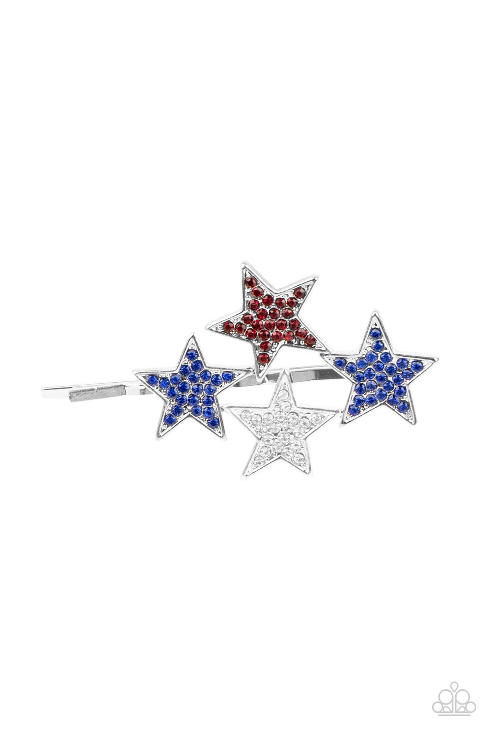 Stellar Celebration Blue Hair Clip - Paparazzi Accessories Dotted in red, white, and blue rhinestones, an explosion of stars adorns the front of a silver bobby pin for a stellar patriotic shimmer. All Paparazzi Accessories are lead free and nickel free! Sold as one individual hair clip.