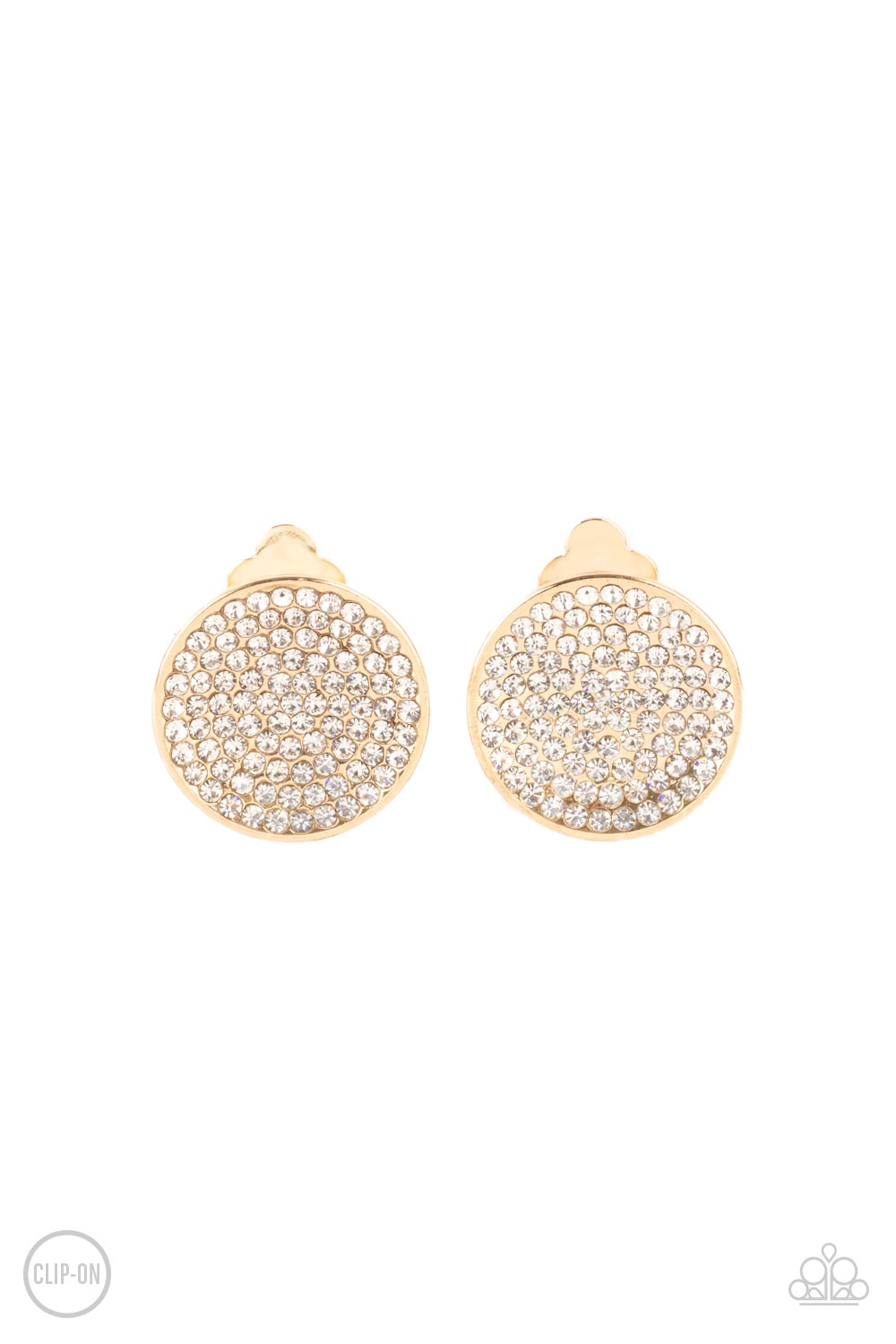 Drama on Demand Gold Clip-On Earring - Paparazzi Accessories Sparkling with brilliance, a concave shiny gold disc encompasses radiating rows of shimmering white rhinestones creating a striking impact. Earring attaches to a standard clip-on fitting. Sold as one pair of clip-on earrings.