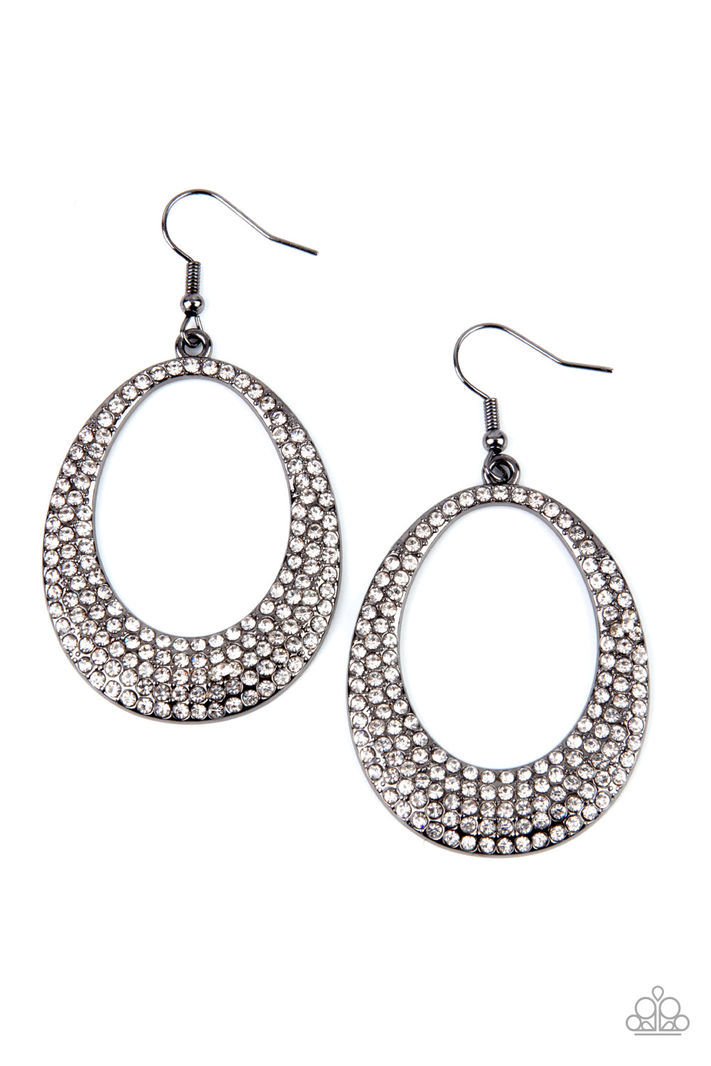 Storybook Bride Black Earring - Paparazzi Accessories Shiny gunmetal oval frames with airy cut-out centers, are covered in brilliant white rhinestones, creating an enchanting lure. Earring attaches to a standard fishhook fitting. All Paparazzi Accessories are lead free and nickel free! Sold as one pair of earrings.
