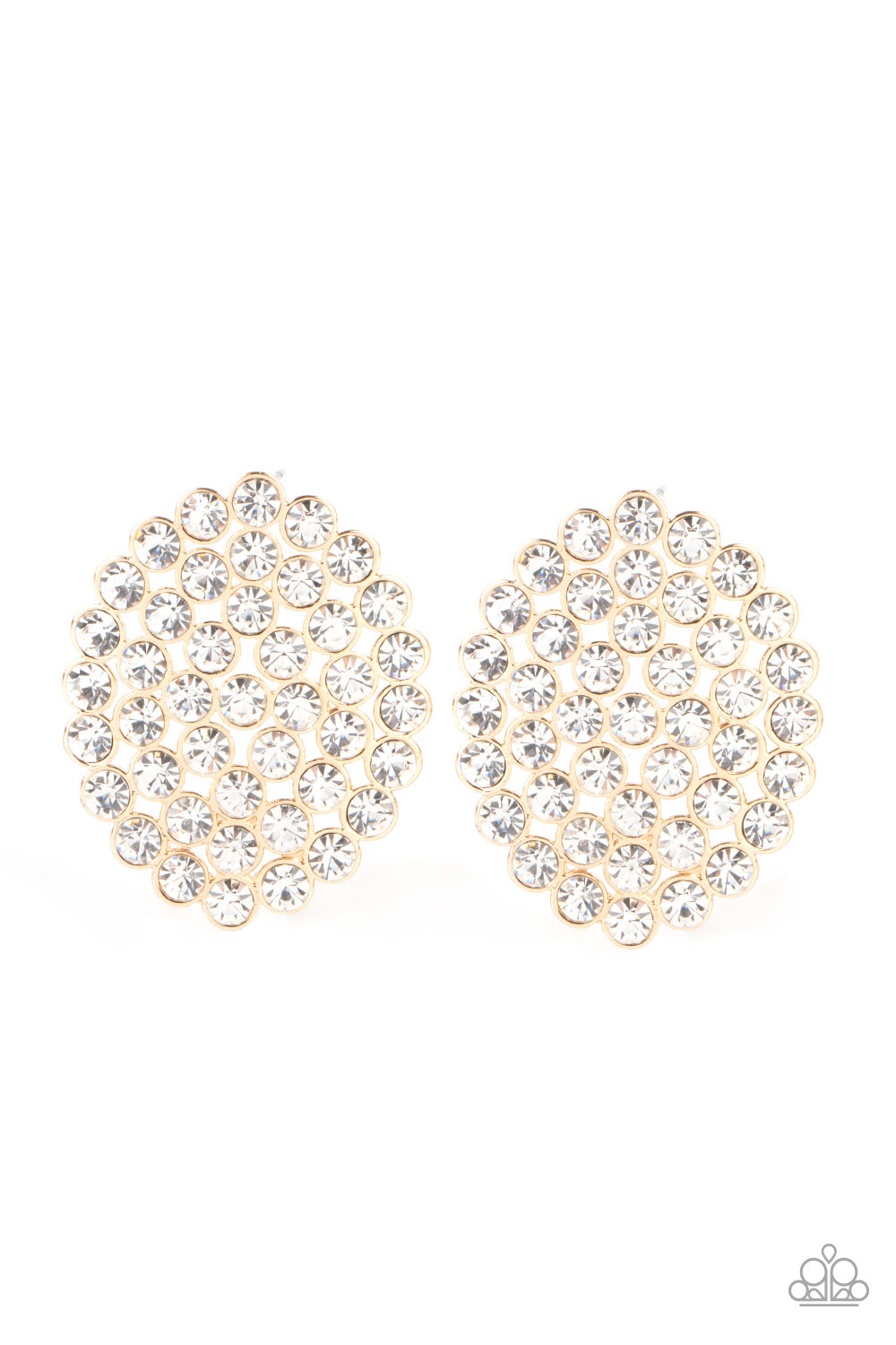 Drama School Dropout Gold Post Earring - Paparazzi Accessories Brilliant white rhinestones encased in classic shiny gold fittings are connected into an oval frame and coalesce into a lacework of shimmer. Earring attaches to a standard post fitting. Sold as one pair of post earrings.