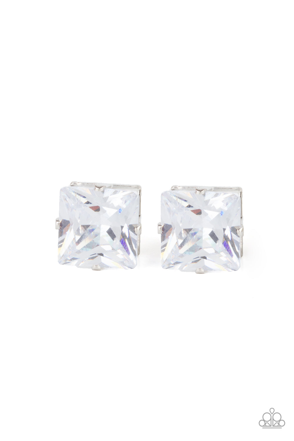 Times Square Timeless White Earring - Paparazzi Accessories A stunning oversized square rhinestone, set in a classic silver pronged fitting, makes a show-stopping impact as it shines brilliantly and draws attention up to the face. Earring attaches to a standard post fitting. All Paparazzi Accessories are lead free and nickel free! Sold as one pair of post earrings.