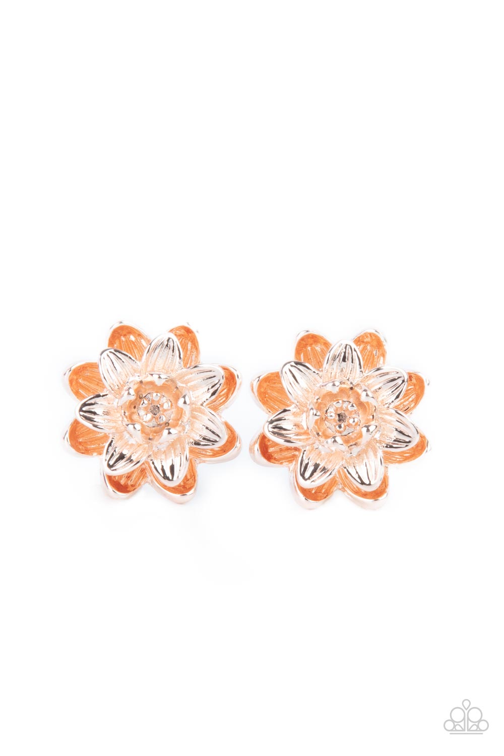 Water Lily Love Rose Gold Post Earring - Paparazzi Accessories Layers of rose gold petals brushed in varying finishes burst forth in brilliant blooms creating an eye-catching three-dimensional shimmer. Earring attaches to a standard post fitting. All Paparazzi Accessories are lead free and nickel free! Sold as one pair of post earrings.