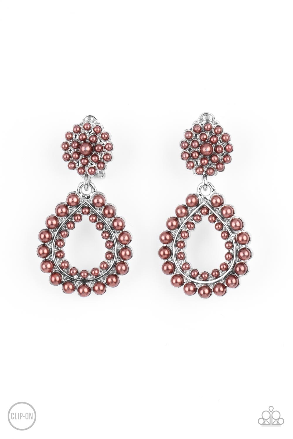 Discerning Droplets Brown Clip-On Earring - Paparazzi Accessories Droplets of coffee-colored pearls dot the surface of a silver teardrop frame as it suspends from a round pearl-encrusted disc for a classically dewy finish. Earring attaches to a standard clip-on fitting. All Paparazzi Accessories are lead free and nickel free! Sold as one pair of clip-on earrings.