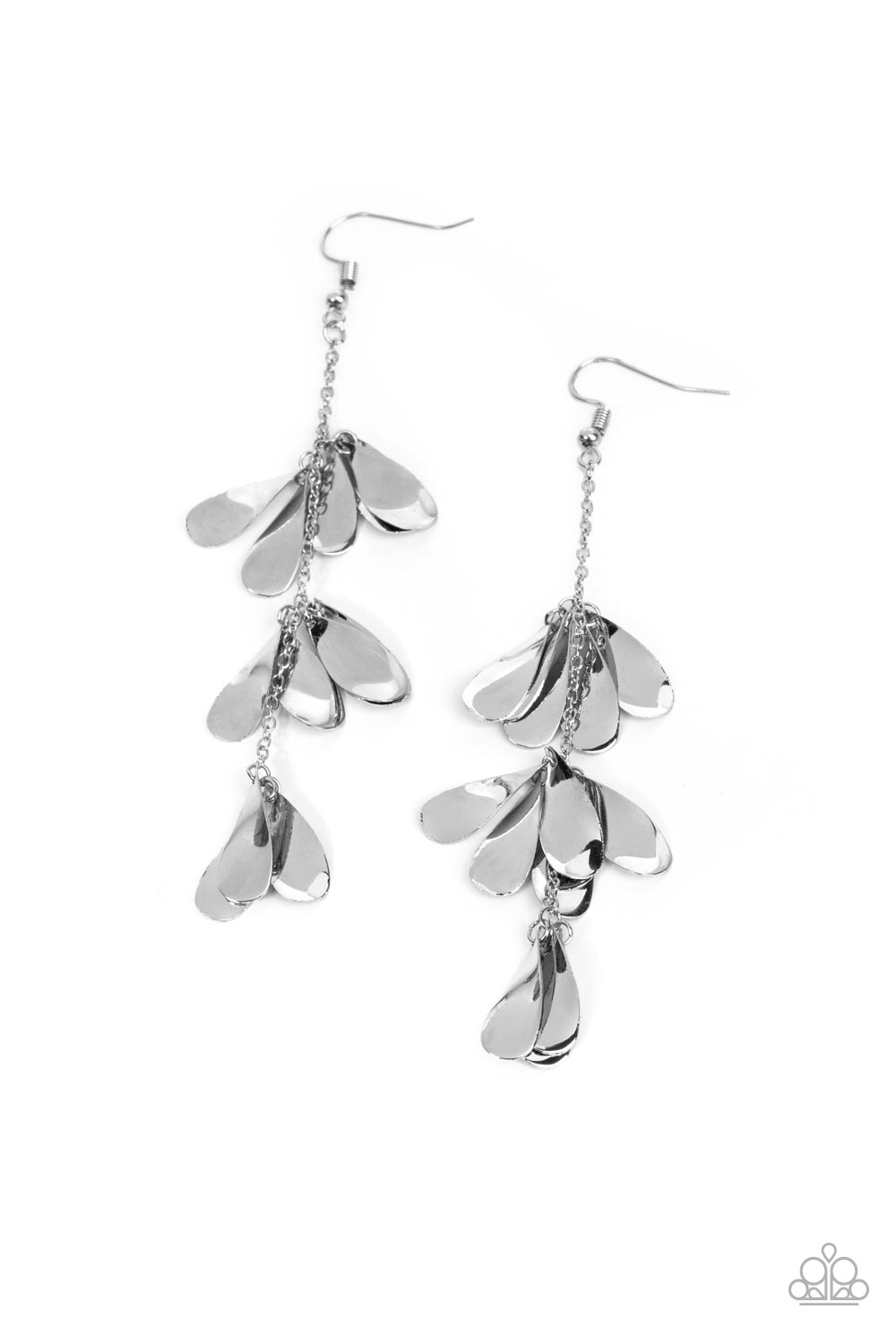 Arrival CHIME - Silver Item #P5WH-SVXX-241XX Clusters of shiny silver teardrop discs dangle and spin along a dainty silver chain, creating a shimmery tinkling lure. Earring attaches to a standard fishhook fitting. Sold as one pair of earrings.