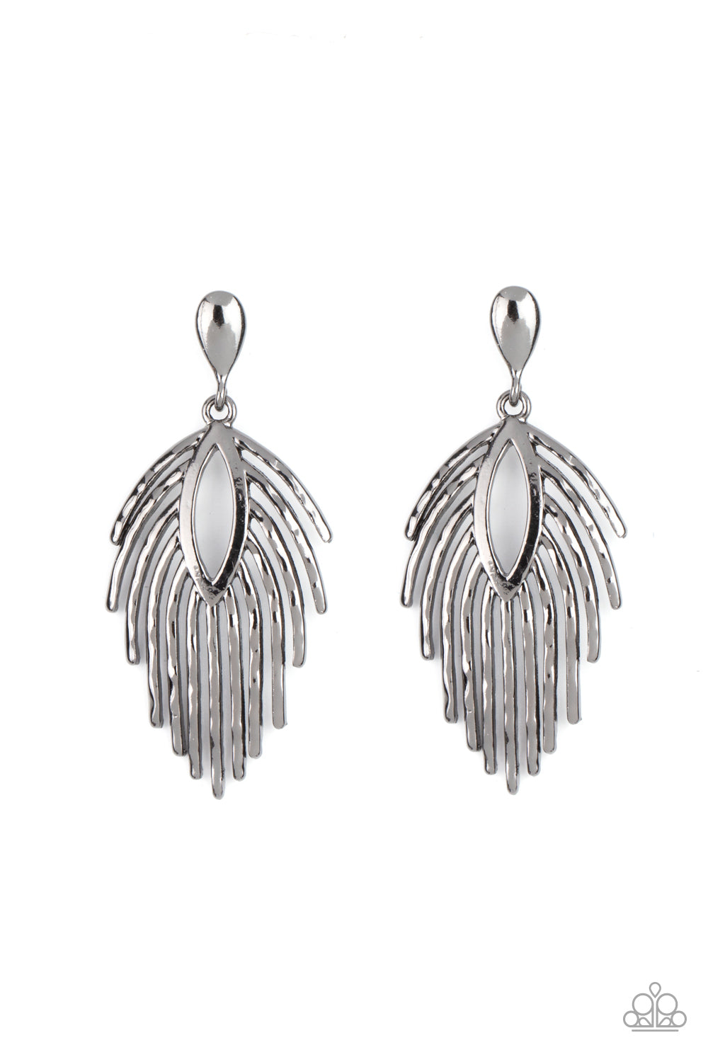 Metro Safari Black Post Earring - Paparazzi Accessories Anchored by a solid gunmetal bulb, gunmetal bars flare out and fall like shooting stars from an open marquise frame creating a captivating allure. Earring attaches to a standard post fitting. Sold as one pair of post earrings.