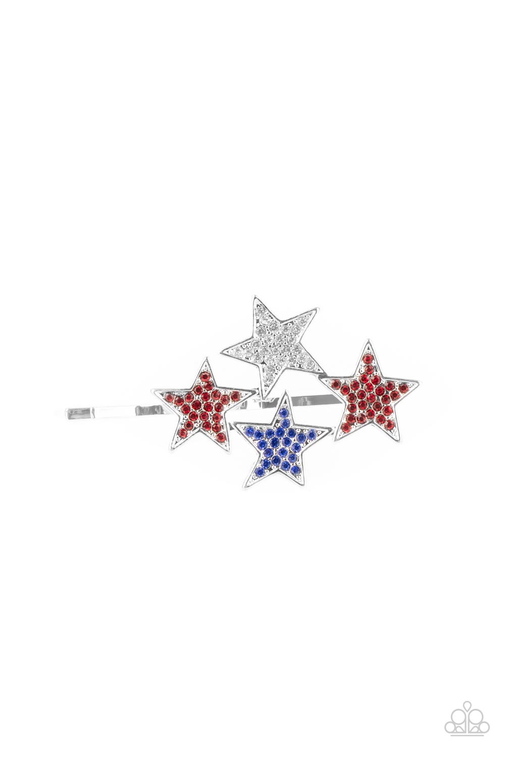 Stellar Celebration Red Hair Clip - Paparazzi Accessories Dotted in red, white, and blue rhinestones, an explosion of stars adorns the front of a silver bobby pin for a stellar patriotic shimmer. All Paparazzi Accessories are lead free and nickel free! Sold as one individual decorative bobby pin.