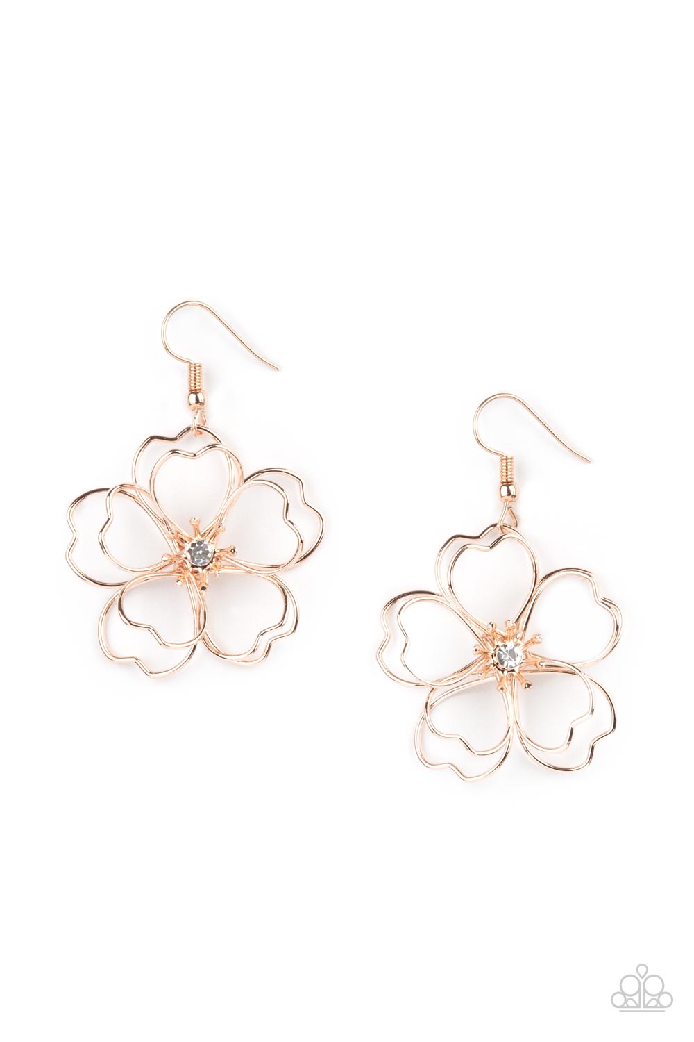 Petal Power Rose Gold Earring - Paparazzi Accessories Layers of heart-shaped petals molded from shiny rose gold wire create an airy three-dimensional flower. A dainty white rhinestone dots the center adding sparkle to the whimsical frame. Earring attaches to a standard fishhook fitting. All Paparazzi Accessories are lead free and nickel free! Sold as one pair of earrings.