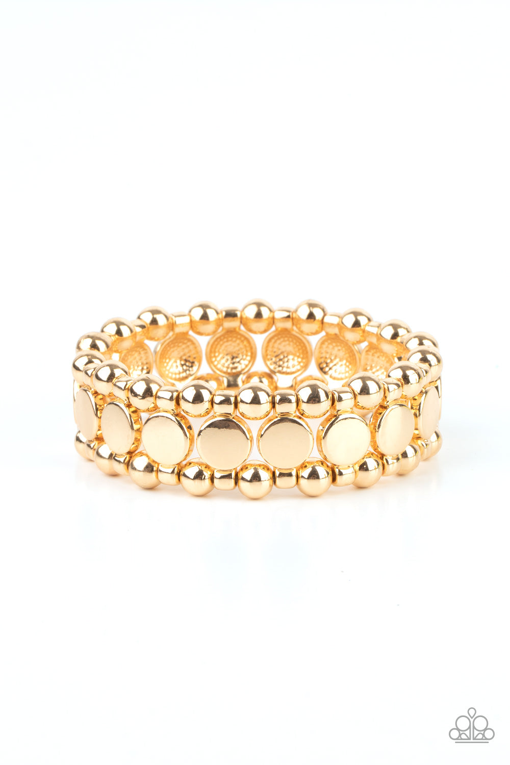 Metro Magnetism Gold Bracelet - Paparazzi Accessories Glistening gold disc fittings and pairs of classic gold beads are threaded along stretchy bands around the wrist that connect into a bold industrial display around the wrist. All Paparazzi Accessories are lead free and nickel free! Sold as one individual bracelet.