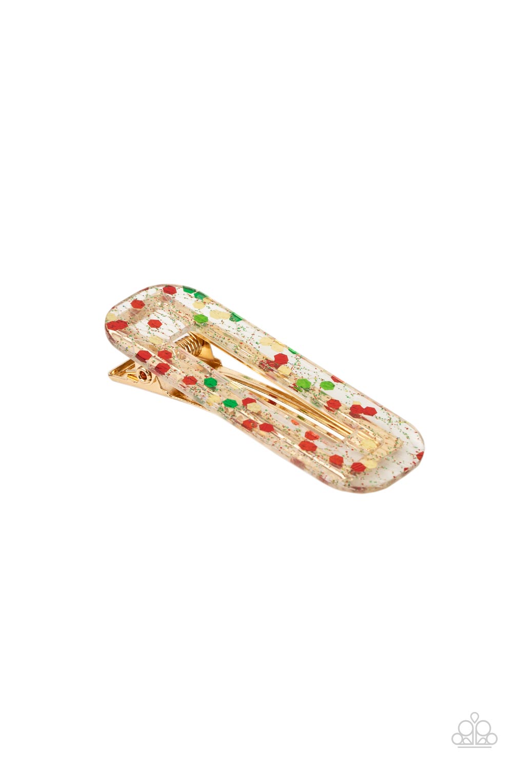 Cue the Sparklers Multi Hair Clip - Paparazzi Accessories A shimmery collection of red, green, and gold confetti and dainty sparkles are encased in a clear acrylic frame atop a gold frame. Features a standard hair clip on the back. Sold as one individual hair clip.