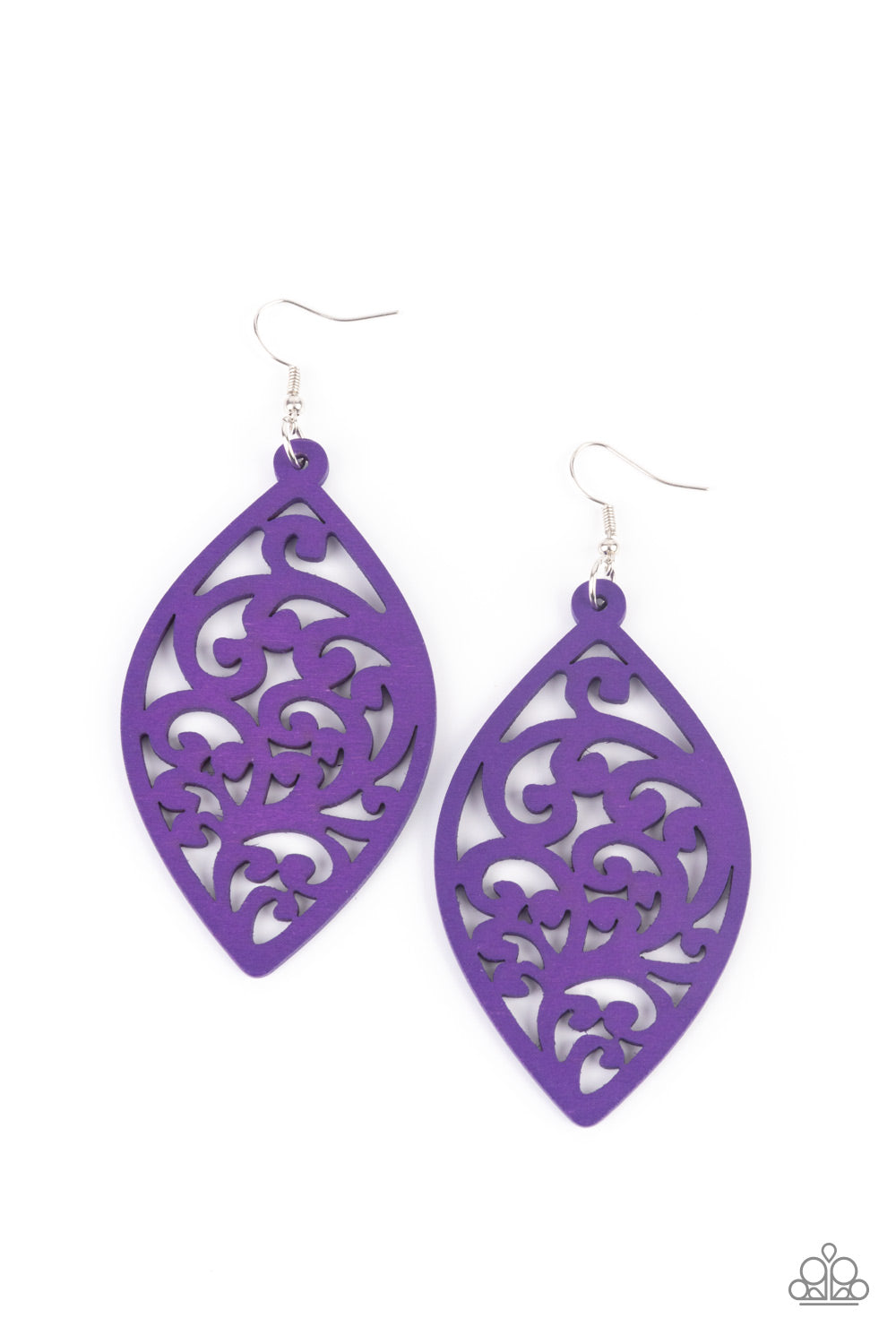 Coral Garden Purple Wooden Earring - Paparazzi Accessories Painted in a vibrant purple finish, a floral motif permeates an airy oval wooden frame creating a tropical-inspired lure. Earring attaches to a standard fishhook fitting. All Paparazzi Accessories are lead free and nickel free! Sold as one pair of earrings.