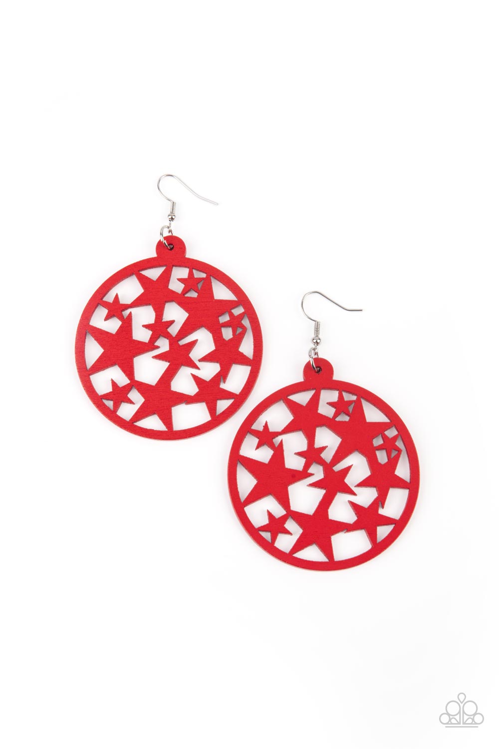 Cosmic Paradise Red Wooden Earring - Paparazzi Accessories An oversized round red wooden frame is filled with a cosmos of cut-out red stars creating a whimsical statement. Earring attaches to a standard fishhook fitting. Sold as one pair of earrings.