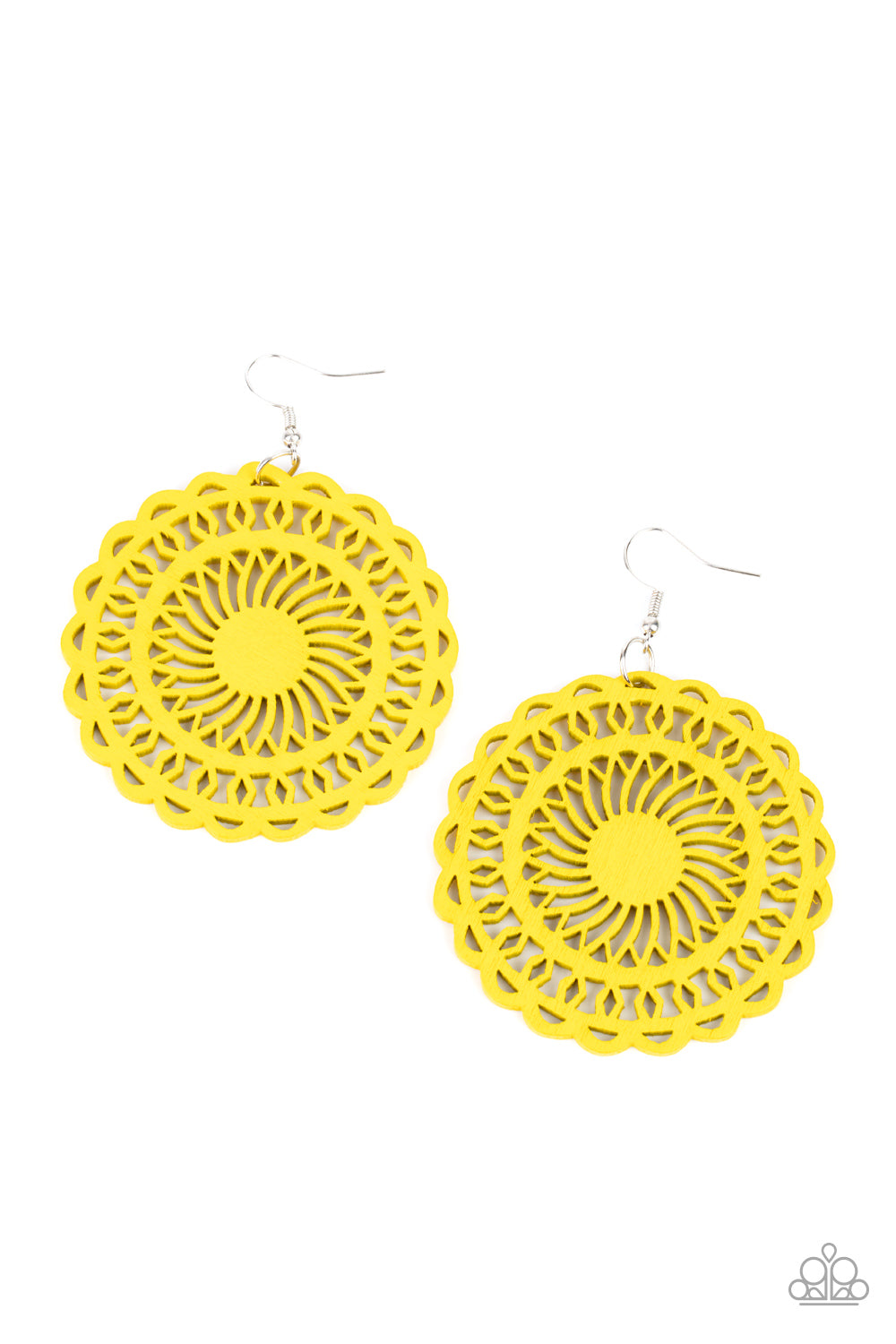 Island Sun Yellow Wooden Earring - Paparazzi Accessories Painted in a sunny yellow finish, a stenciled wooden frame is cutout into a radiating sunburst frame for a colorfully tropic look. Earring attaches to a standard fishhook fitting. All Paparazzi Accessories are lead free and nickel free! Sold as one pair of earrings.