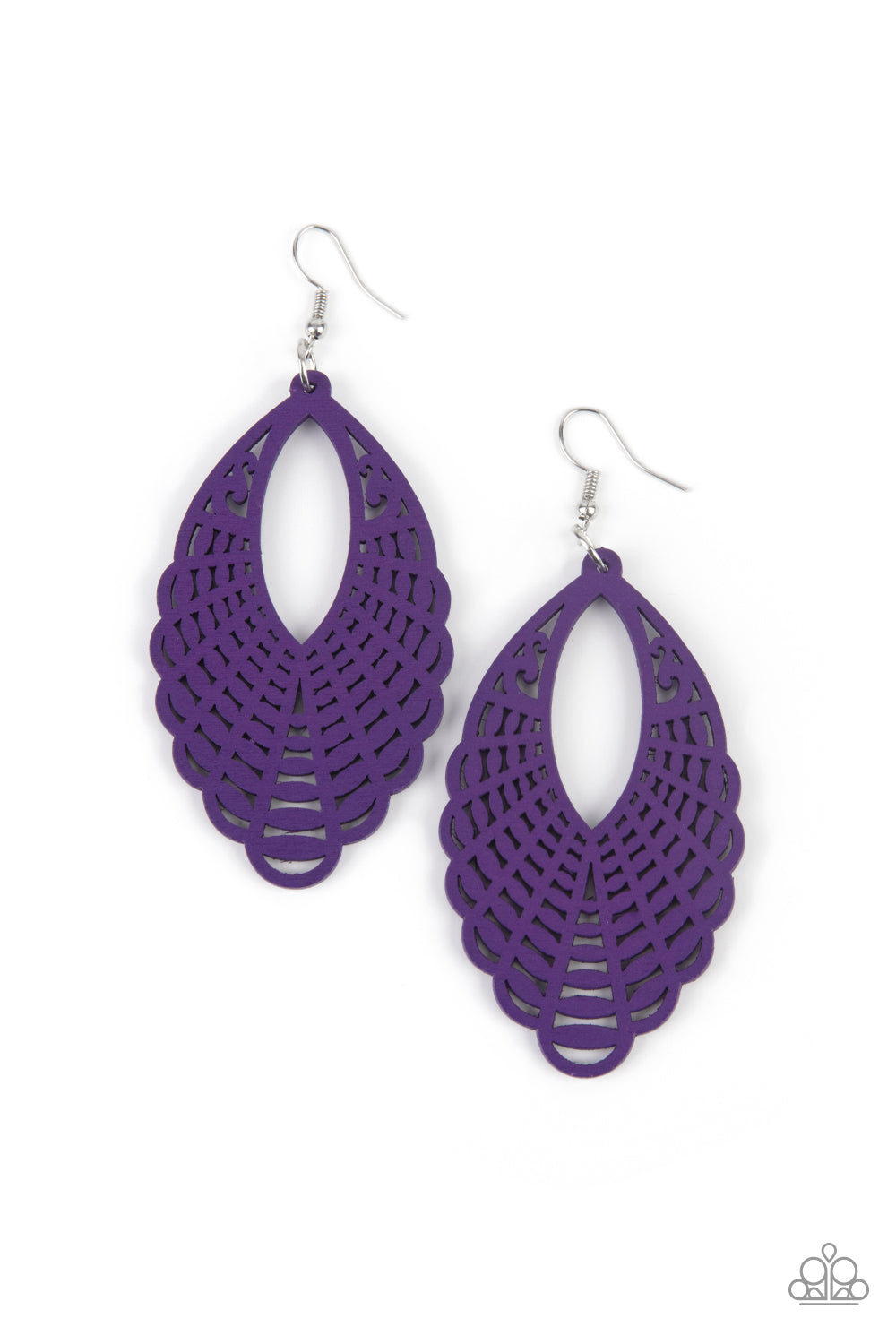 Tahiti Tankini Purple Wooden Earring - Paparazzi Accessories Painted in a vibrant purple finish, a wooden marquise-shaped frame features a mandala-inspired cut-out design creating a dreamy lure that calls to the wanderlust adventure seeker. Earring attaches to a standard fishhook fitting. All Paparazzi Accessories are lead free and nickel free! Sold as one pair of earrings.