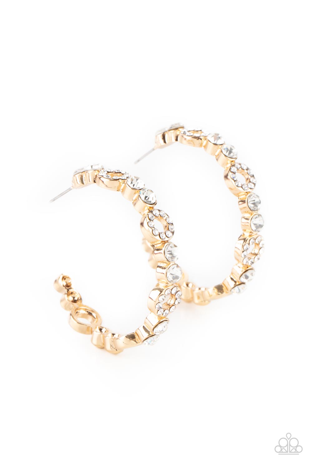 Swoon-Worthy Sparkle Gold Hoop Earring - Paparazzi Accessories Dainty round gold frames encrusted with sparkling white rhinestones act as show-stopping accents around a gold hoop of white rhinestones culminating in a swoon-worthy finish. Earring attaches to a standard post fitting. Hoop measures approximately 1 1/2" in diameter. Sold as one pair of hoop earrings.