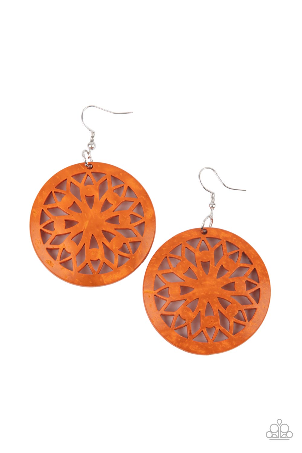 Ocean Canopy - Orange Item #P5SE-OGXX-170XX A bold mandala-inspired design is carved out of an oversized orange disc creating an eye-catching statement. Earring attaches to a standard fishhook fitting. Sold as one pair of earrings.